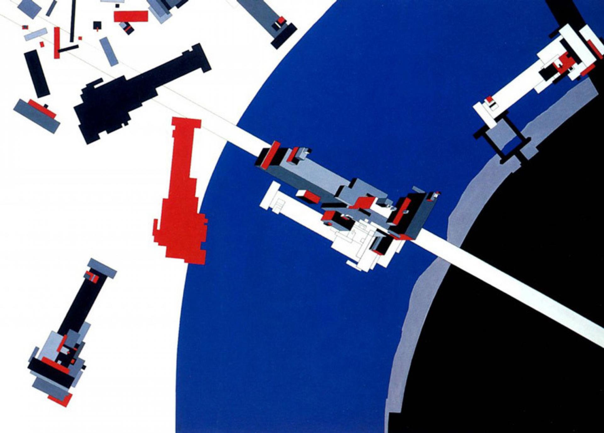 “Malevich’s Tektonik” was her thesis from 1977 in which she programed a tekton of jogged orthogonal masses by the artist into a habitable bridge over the Thames. Photo via Designboom