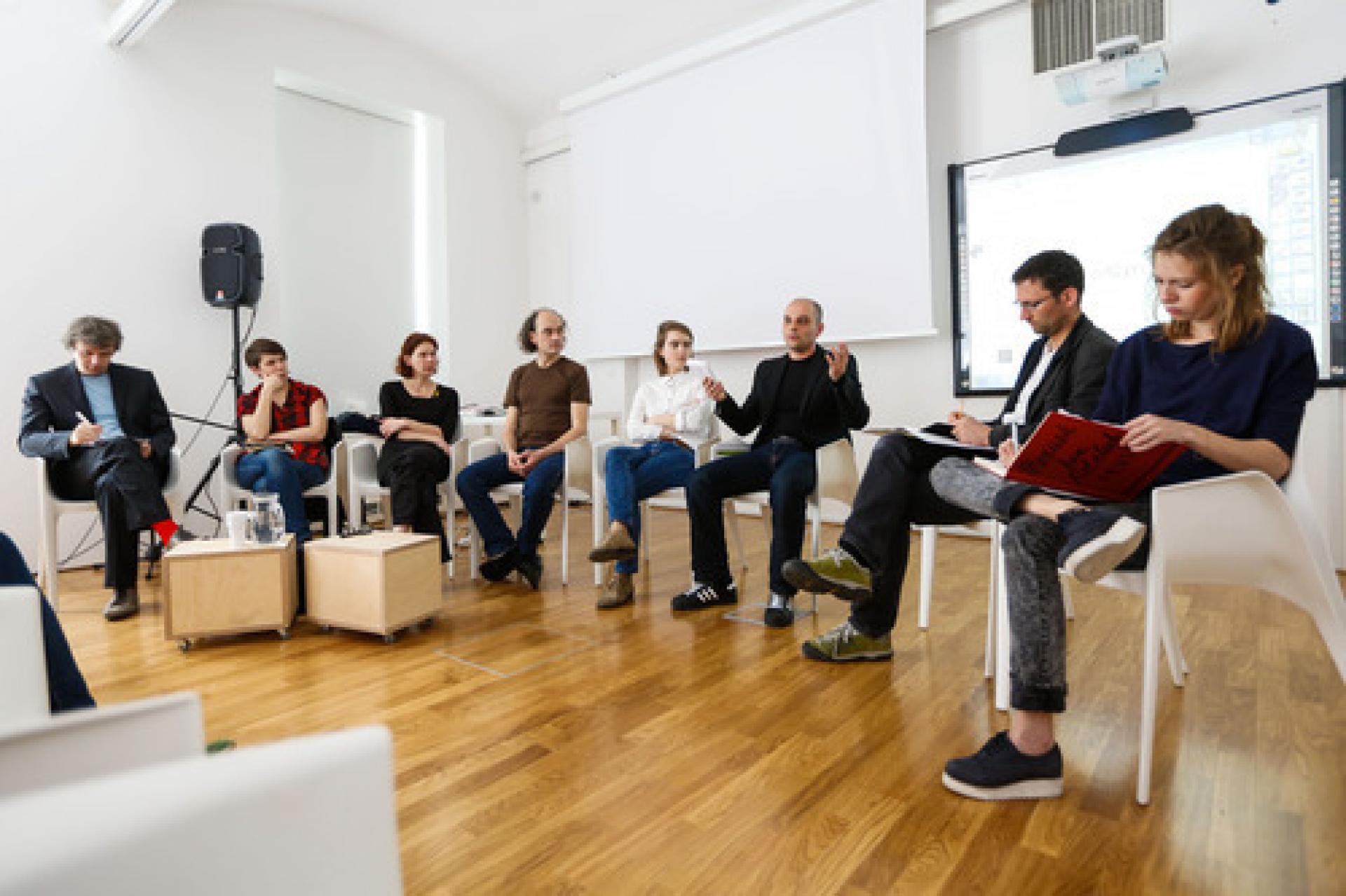 Urban Acupunctures strategy involved discussions of international crew working on acupunctures during Culburb project in Museum of Contemporary Art (MSUM+) in Ljubljana.| Photo © Domen Grögl