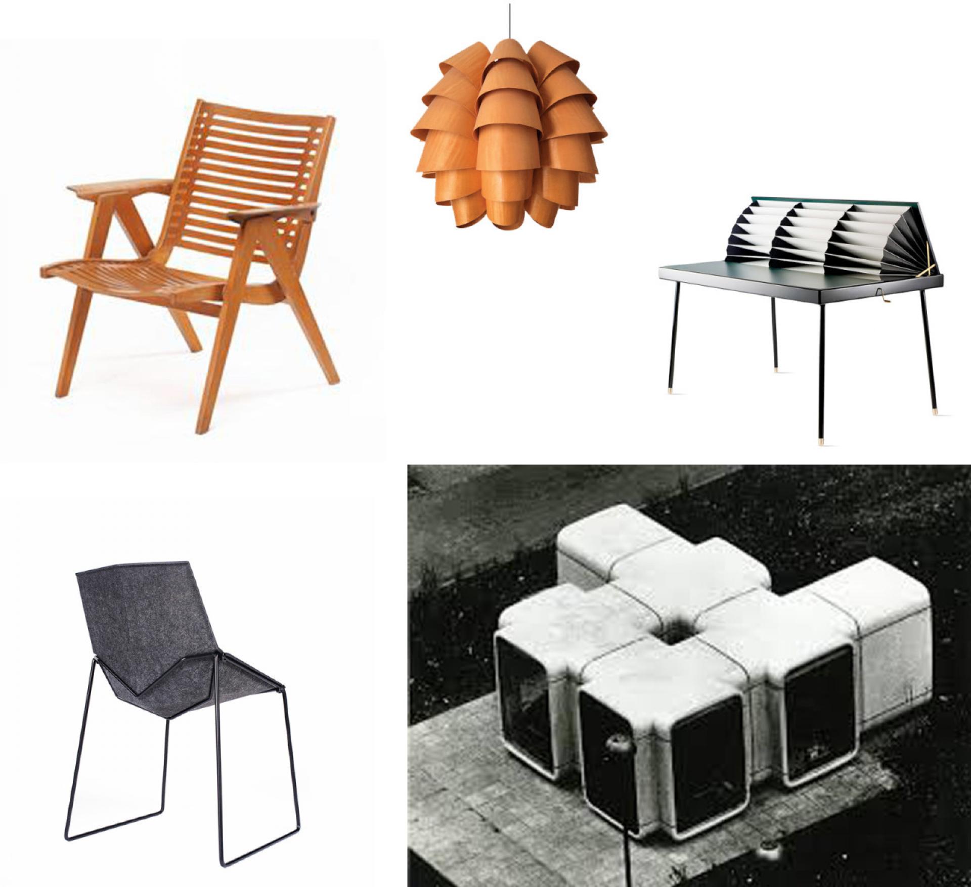 Most representative Slovenian Design from different times: Niko Kralj’s Rex Chair (1952), Nives Kalin Vehovar’s PineCone 6 Light (1962), Nika Zupanc’s Homework Table (2010), Primož Jeza’s Nico Less Chair (2016) and Saša Maechtig’s The K-67 Kiosk (1966).