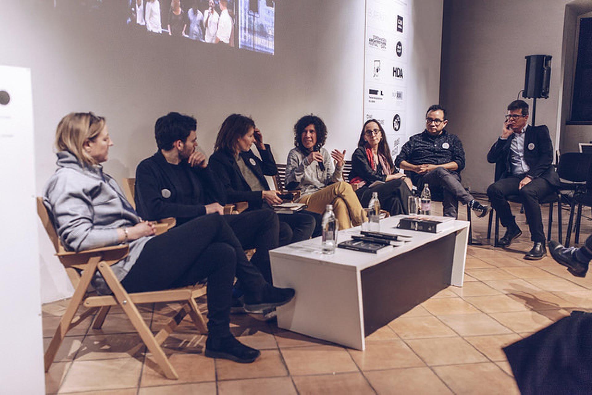 Discussion about architectural publishing with Sophie Lowell (&beyond), Nick Axel (e-flux), Silke Neumann (Bureau N), Ethel Baraona (dpr-barcelona), Anna Ramos (Mies van der Rohe), Cesar Reyes (dpr-barcelona) and Matevž Čelik (MAO) | Photo by Peter Giodani