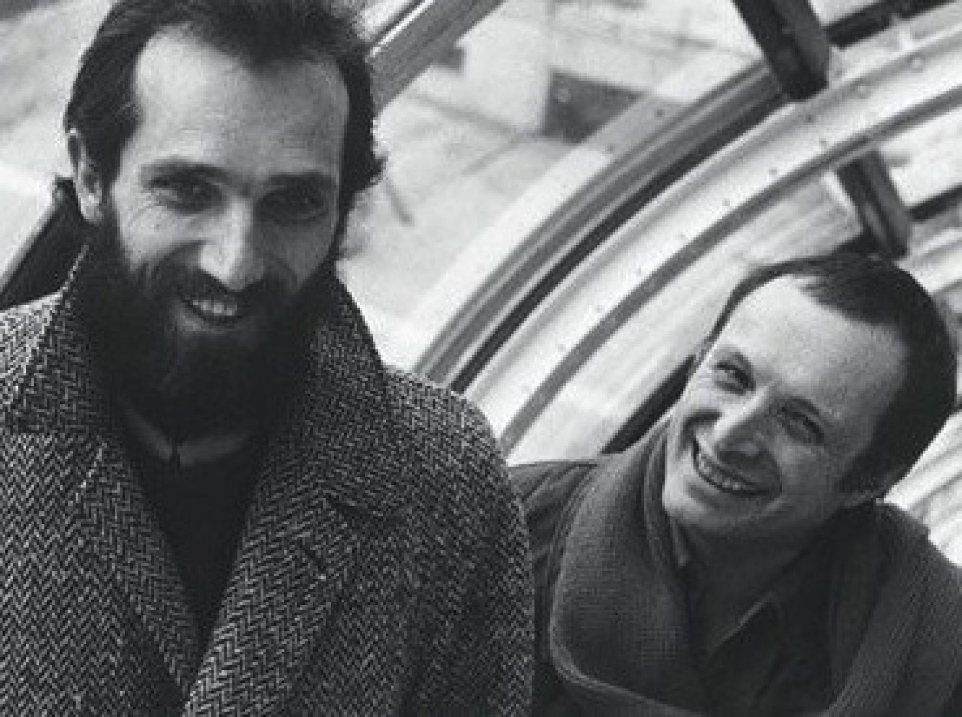 Piano and Rogers on the staircase of Centre Pompidou.