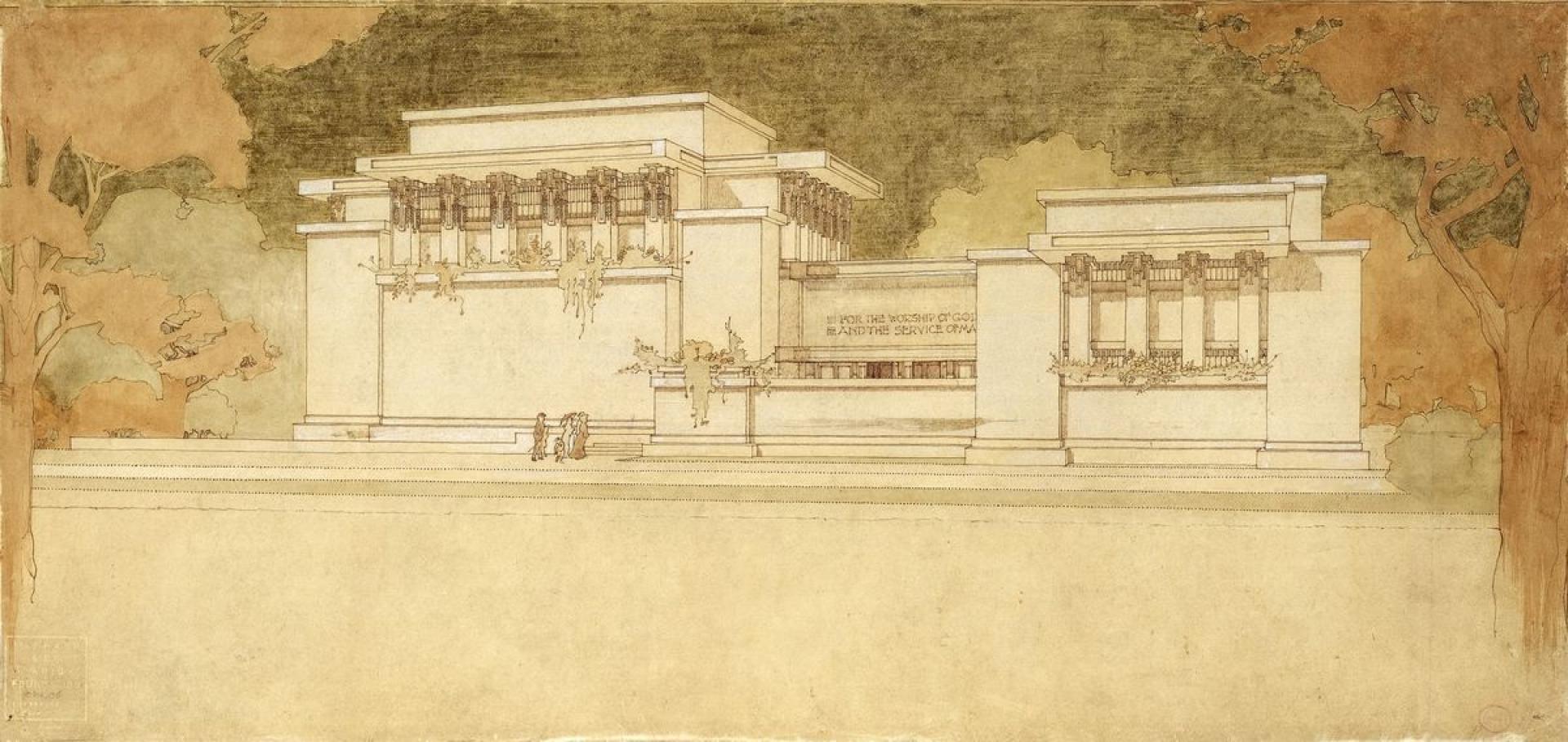 Unity Temple, 1905, Oak Park, Illinois. Watercolor and ink rendering by Marion Mahony Griffin. | Photo via Curbed