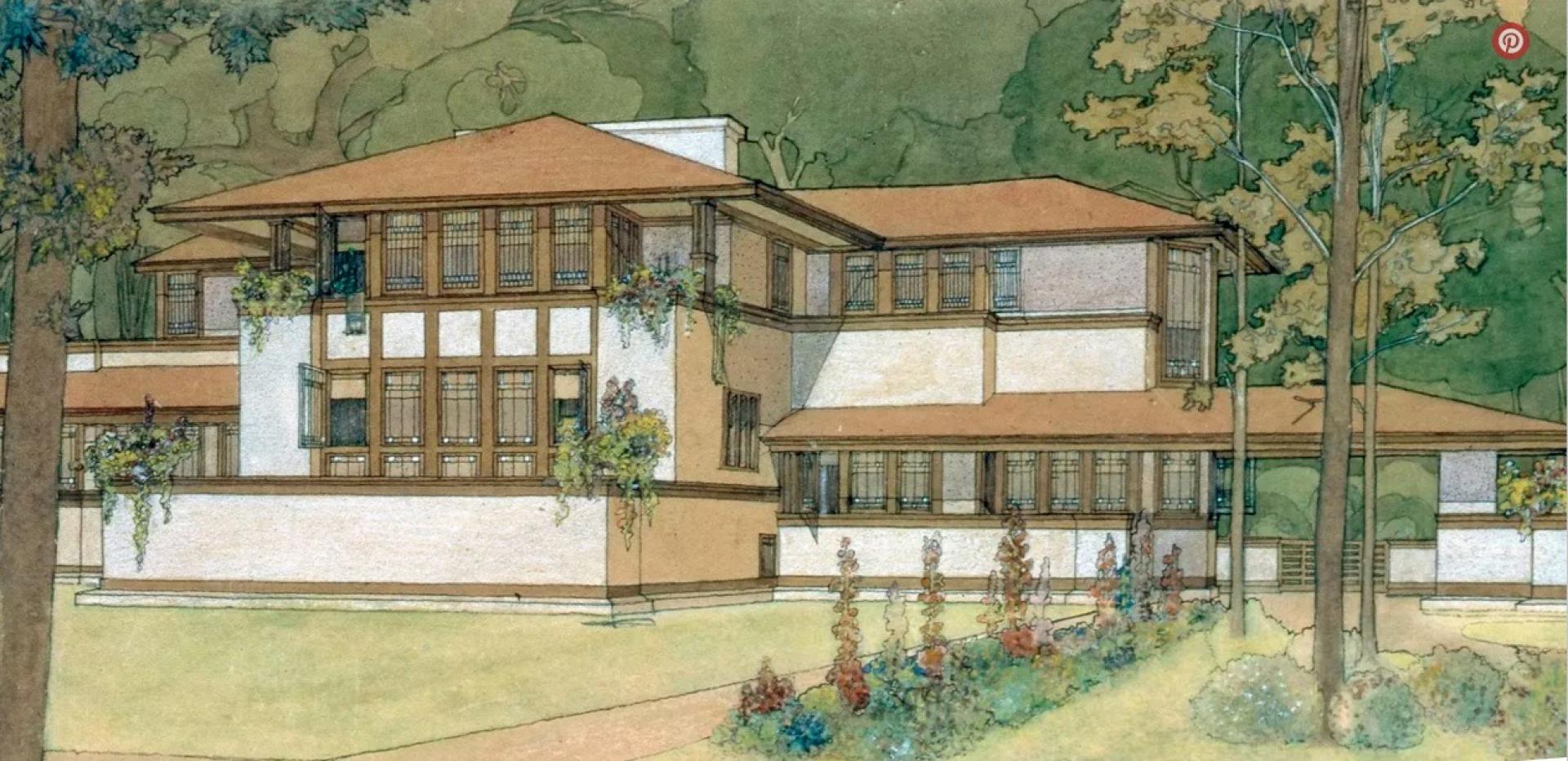 Ward W. Willits house, Highland Park, Illinois, 1902. Watercolor and ink rendering by Marion Mahony Griffin. | Photo via Frank Lloyd Wright Foundation/Frank Lloyd Wright Trust