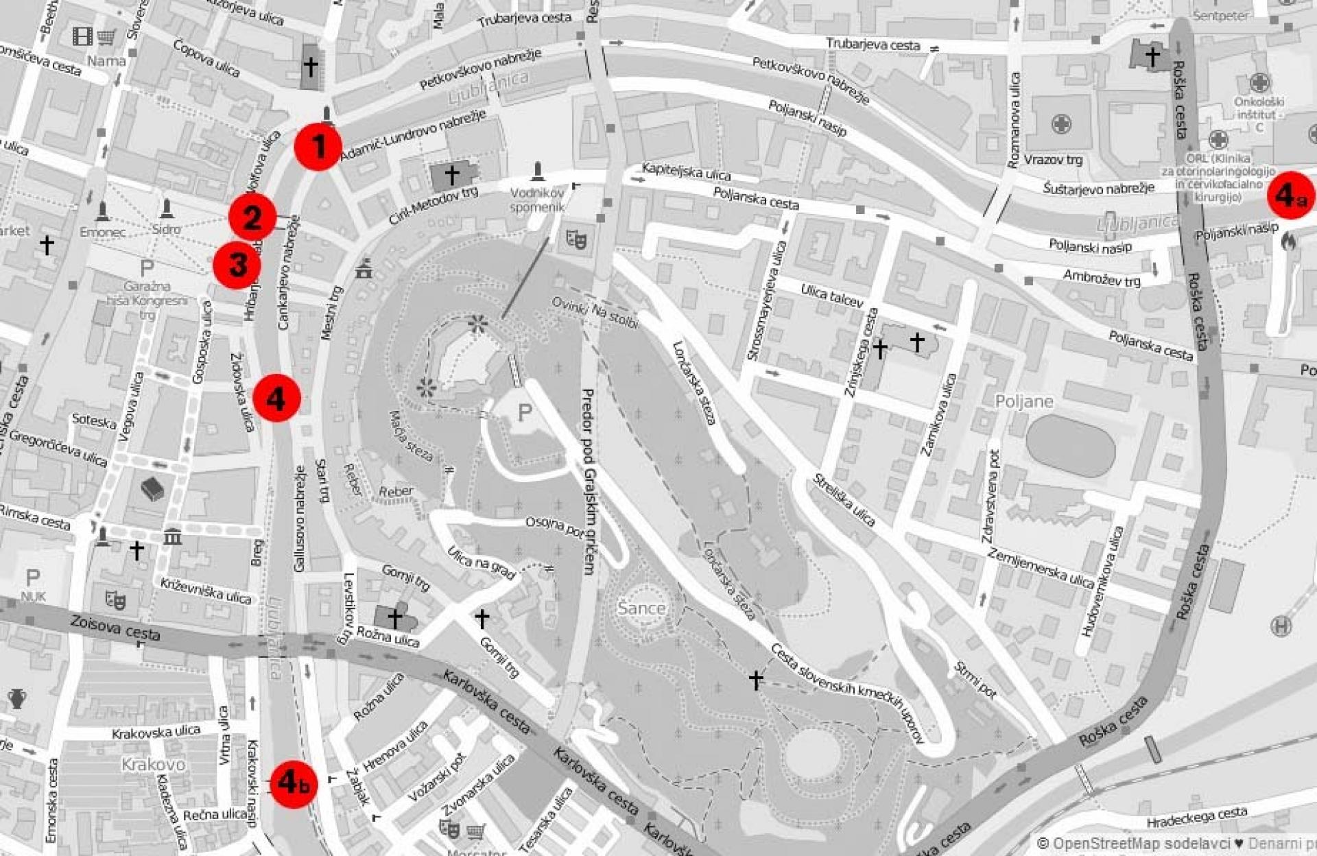 1. The Triple Bridge, 2. Gerber Stairway, 3. Gledališka stolba and Philharmonic Society Building, 4. The Cobblers’ Bridge, 4a. Location of old iron bridge until 2011, 4b. Location of the old iron bridge today | Source of the map via Wikimedia Commons