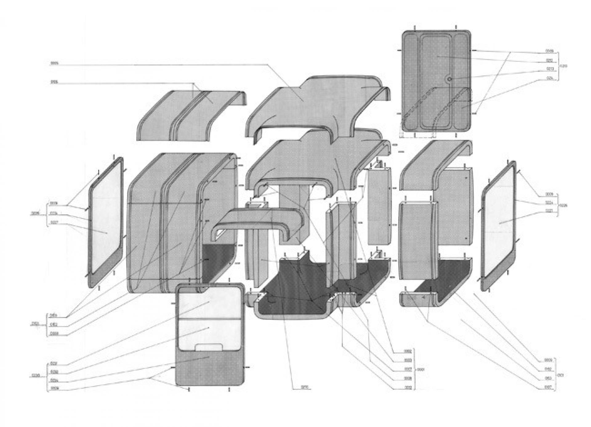 Axonometric drawing of the second generation of the K67 from 1972. | Image © Museum of Architecture and Design MAO, Ljubljana