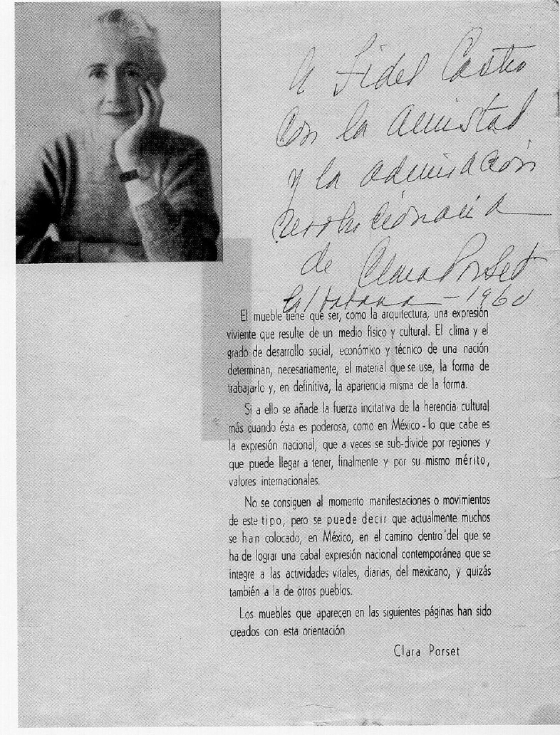 IRGSA with inscription from Clara Porset to Fidel Castro, 1960. | Photo via Salinas, Oscar. Una vida inquieta, una obra sin igual, UNAM, México, 2001