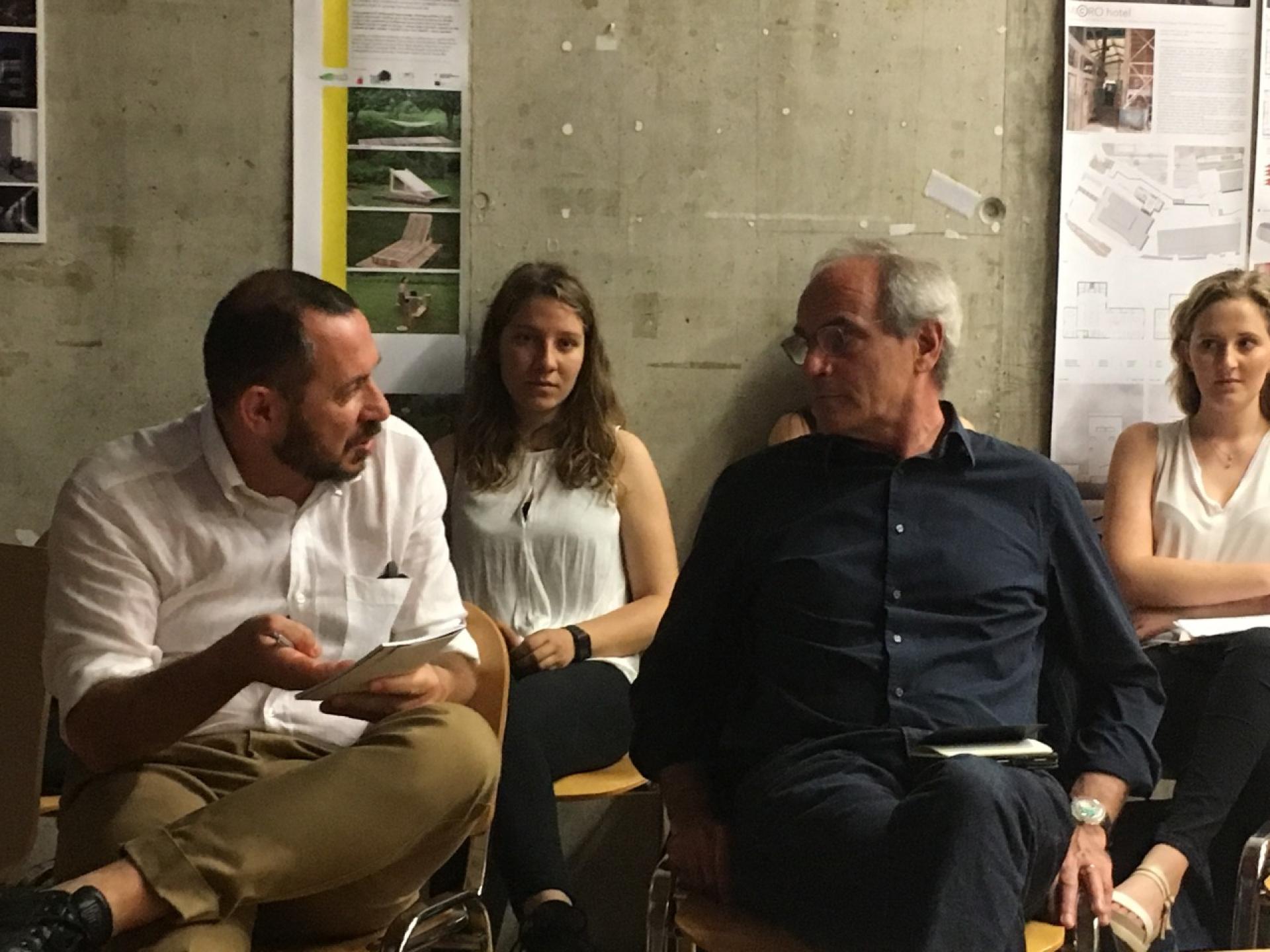 Alessio Rosati in a discussion with Frédéric Druot at the workshop with students at the Faculty of Architecture in Ljubljana.