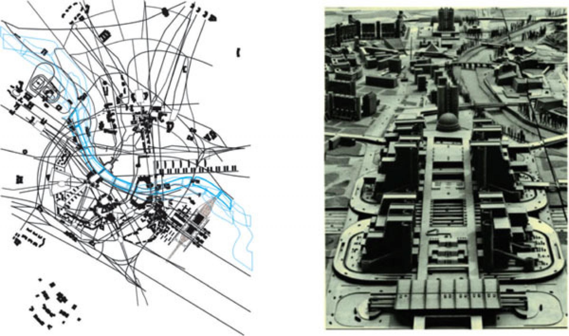 Spatial proposals for the central area of Skopje; left Leko’s proposal (1914), right Tange’s central city area model (1966). | Photo via Bakalchev