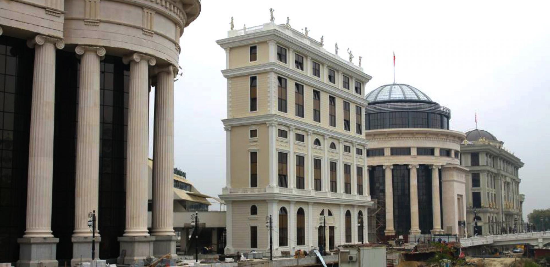 Skopje reconstruction (from left): Archeological museum, behind modernist opera and ballet, financial police and building of the new ministry of foreign affairs. | Photo via Worldwidekitsch
