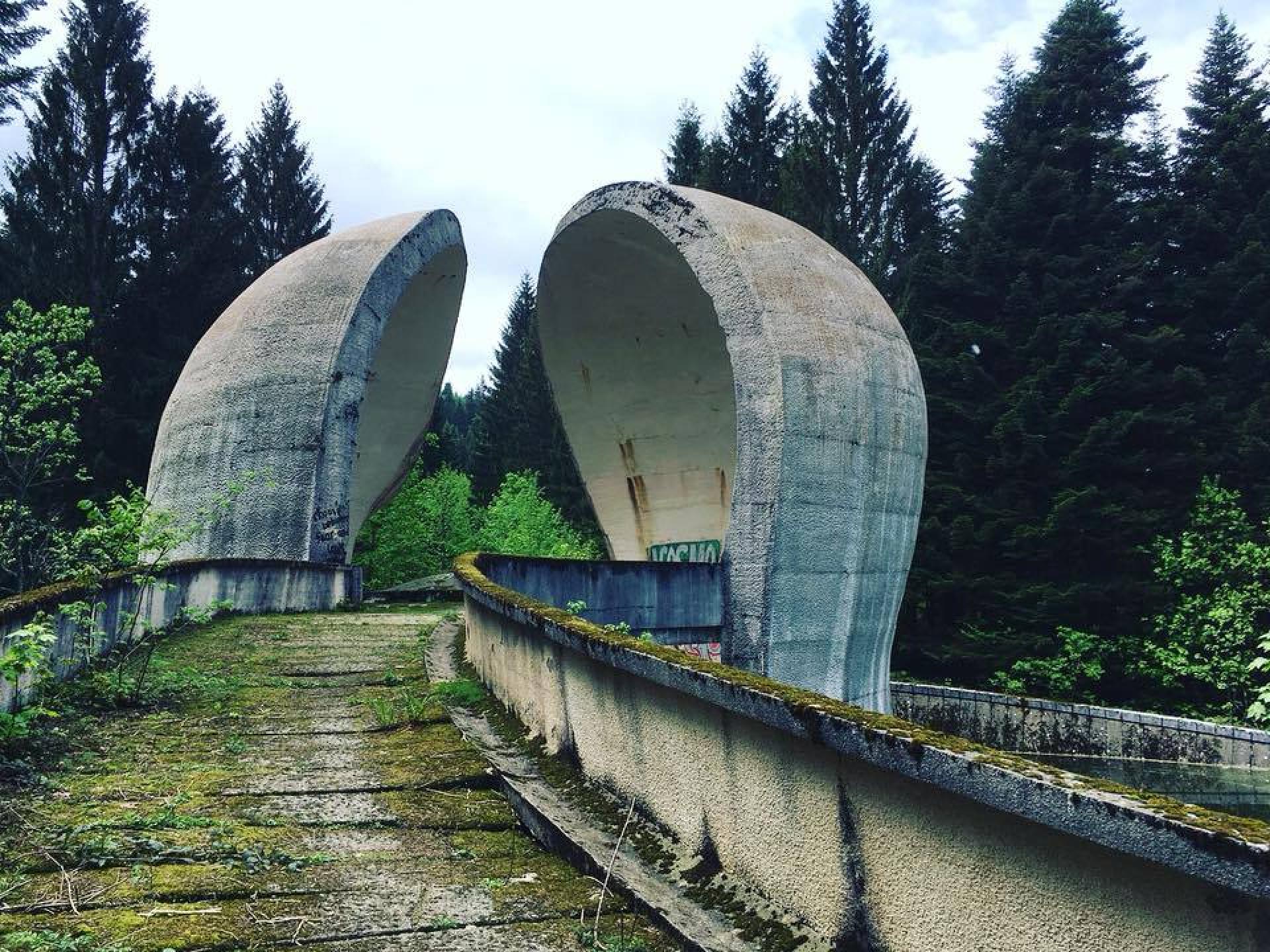 Monument to the Bosanska Krajina Partisan Hospital (1979) by sculptor Ljubomir Denković and architect Sava Subotin, Korčanica Memorial Area of Grmeč Mountain, Bosnia & Herzegovina.