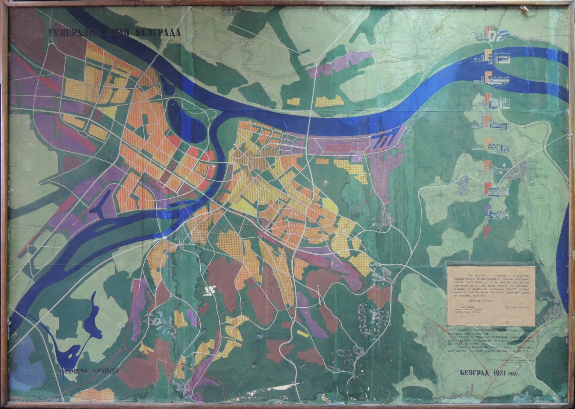 Urban Planning Institute of Belgrade. Belgrade Master Plan (1949–50); Belgrade, Serbia. | Plan 1:10000. 1951. Ink and tempera on diazotype, 64 9/16 x 9 3/4″ (164 x 233 cm). Urban Planning Institute of Belgrade