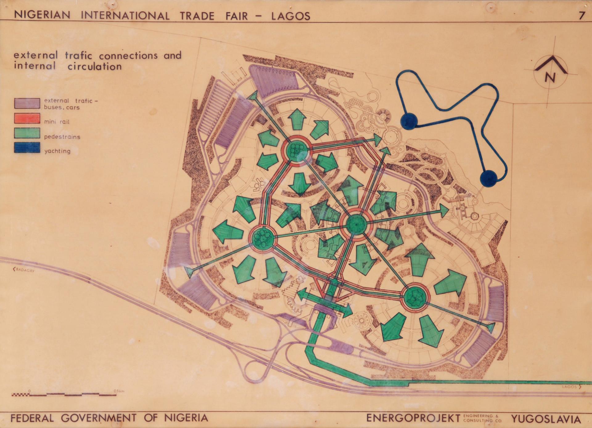 Zoran Bojović for Energoprojekt. International Trade Fair. 1973–77, Lagos, Nigeria. | Plan of external traffic connections and internal circulation, 1973. Felt tip pen on tracing paper mounted on cardboard, 27 9/16 x 39 3/8″ (70 x 100 cm). Personal archive of Zoran Bojović