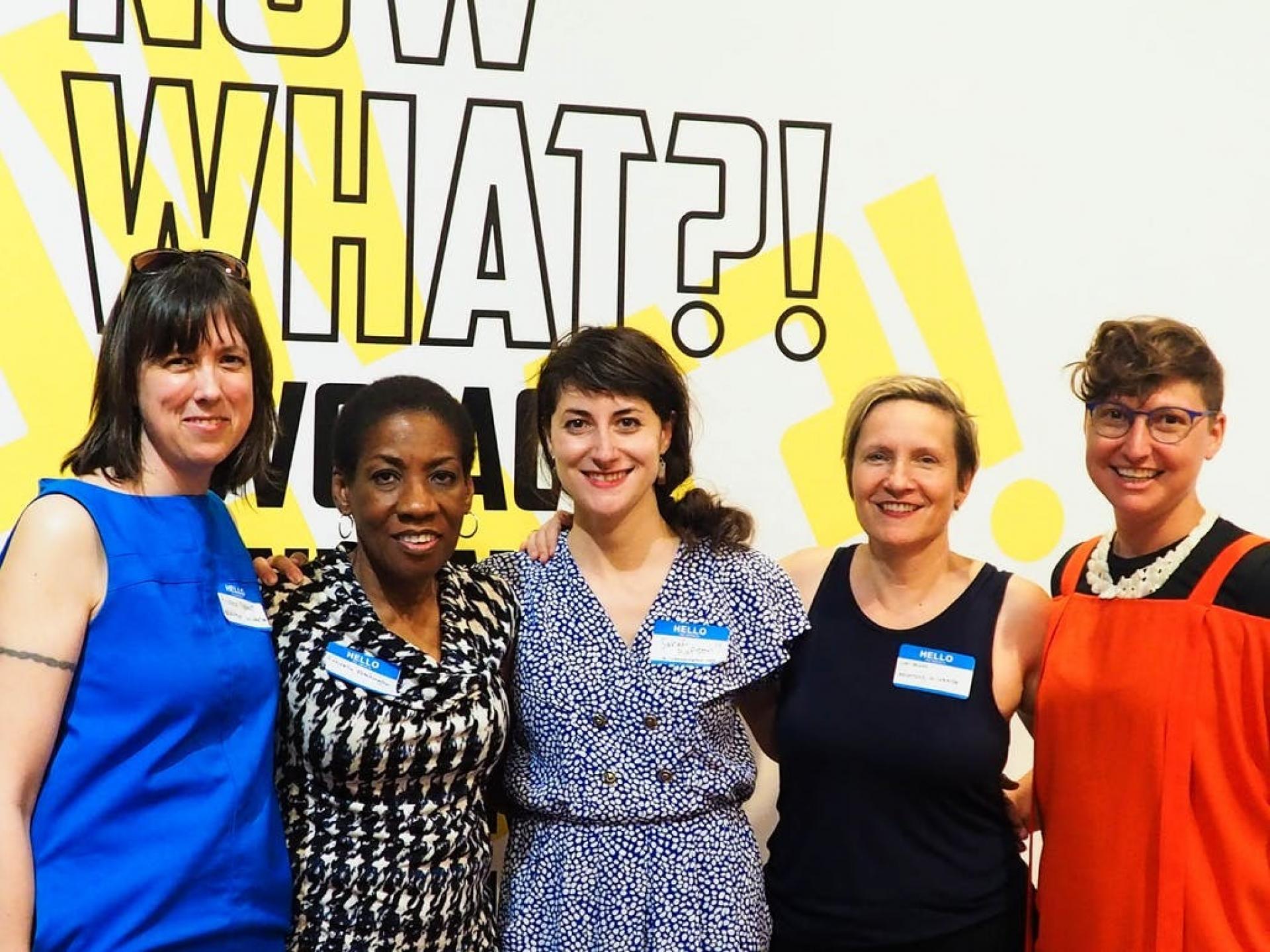 “Now What?!” curators Andrea J. Merrett, Roberta Washington, Sarah Rafson, Lori A. Brown with Michele Gorman, Pratt Institute Liaison and exhibition designer. | Photo by © Sally Rafson.