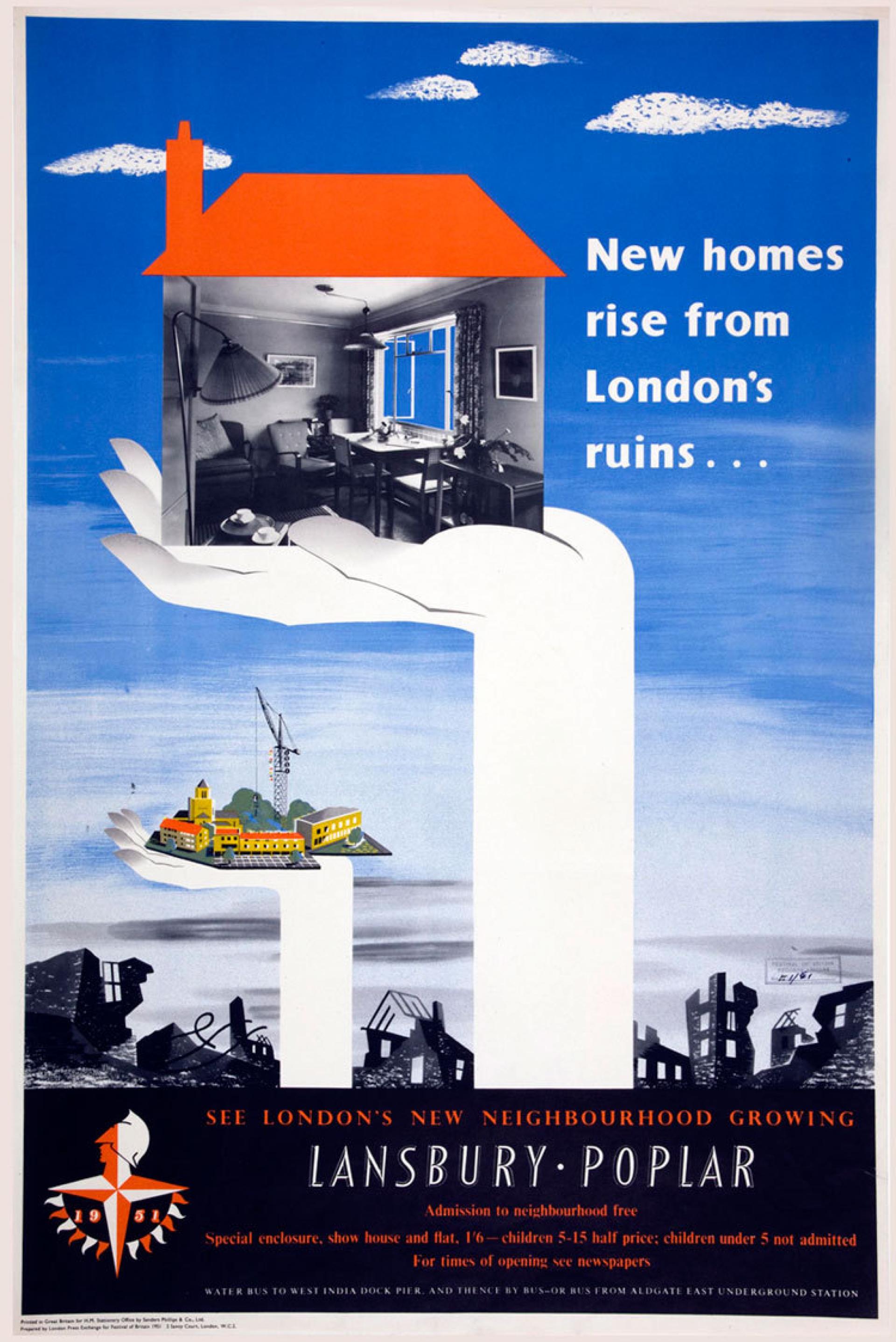Poster for a new housing estate in Poplar, which is being advertised as a paid attraction during the 1951 Festival of Britain. | Photo by Festival of Britain