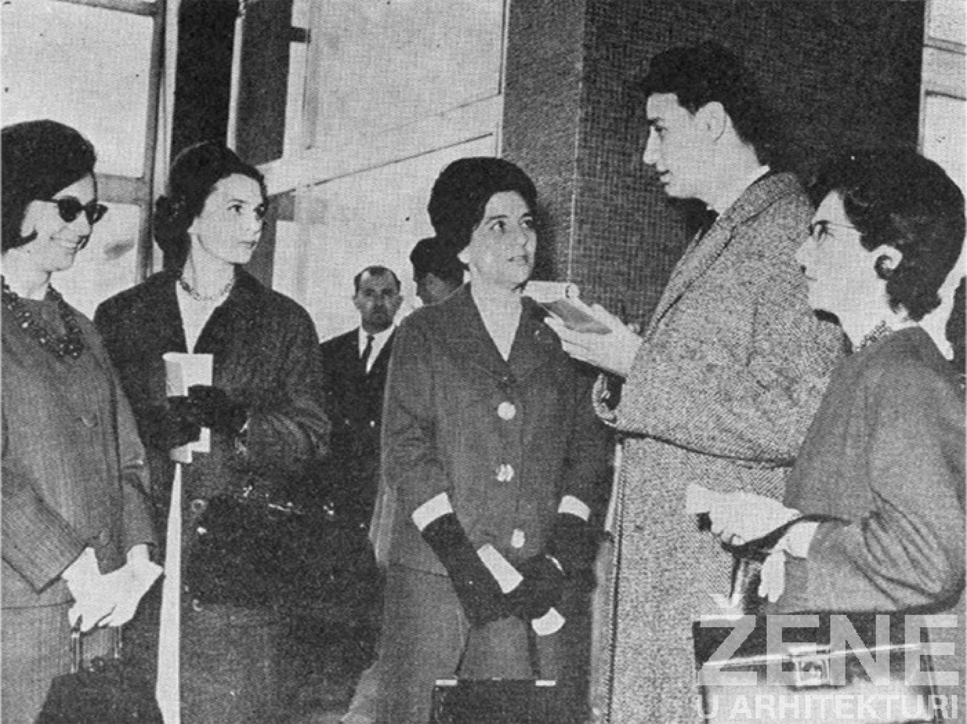 Atelier LIK (from left to right) Dušanka Menegelo Aćimović, Vesna Matičević, Sofija Nenadović and Nadežda Filipon Trbojević talk to a reporter at the opening of Belgrade Airport in 1962 | Photo via Women in Architecture