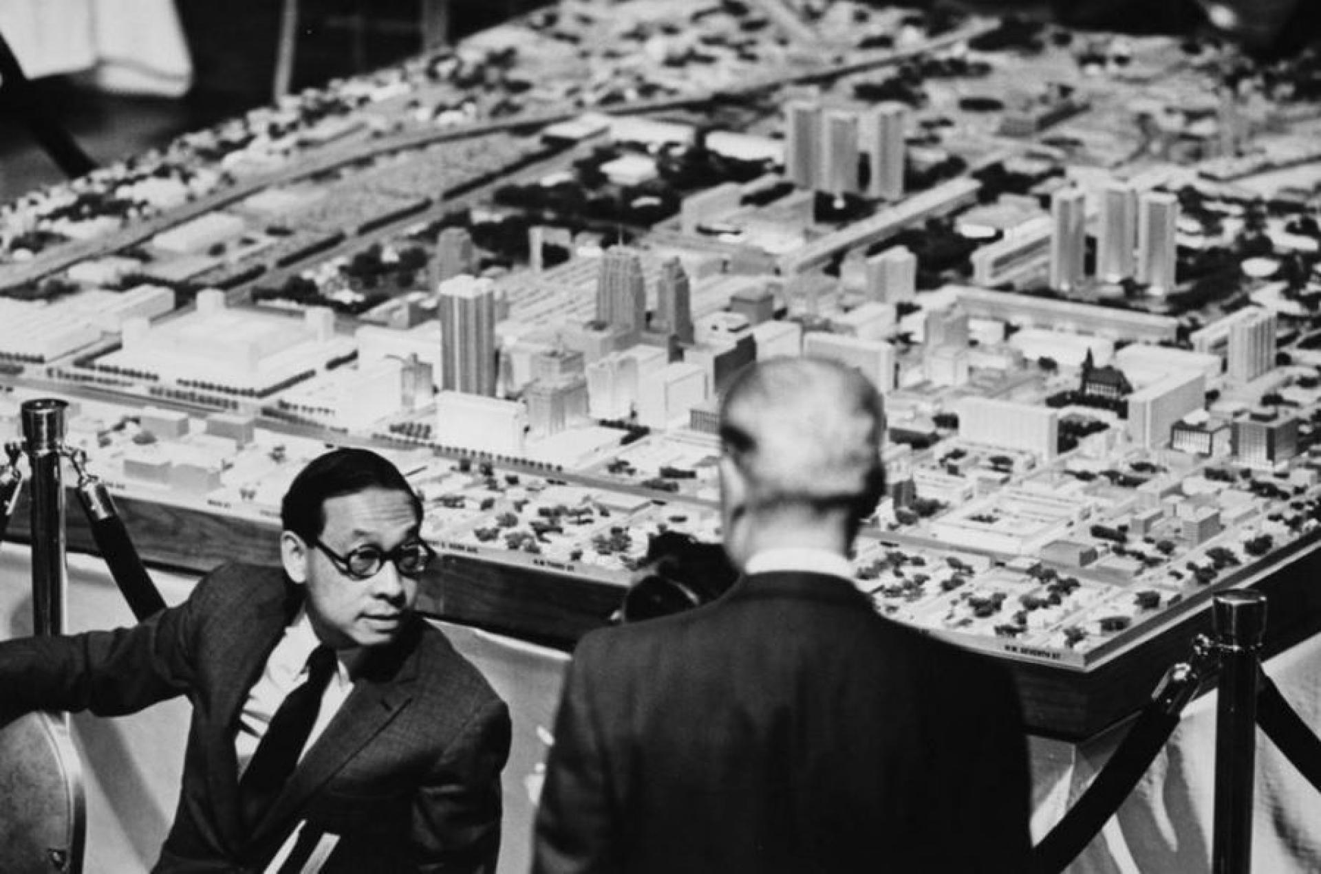 I. M. Pei presents a renewal planning project of a downtown Oklahoma City in front of a huge scale model in 1964. | Photo by Oklahoman Archives
