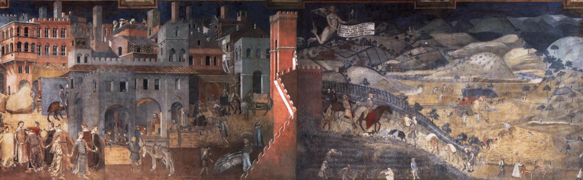 Ambrogio Lorenzetti’s Allegory of the Effects of Good Government: a rare example of the city and the country in harmony (1338). | Photo via Palazzo Pubblico, Siena. (Bridgeman Art Library)
