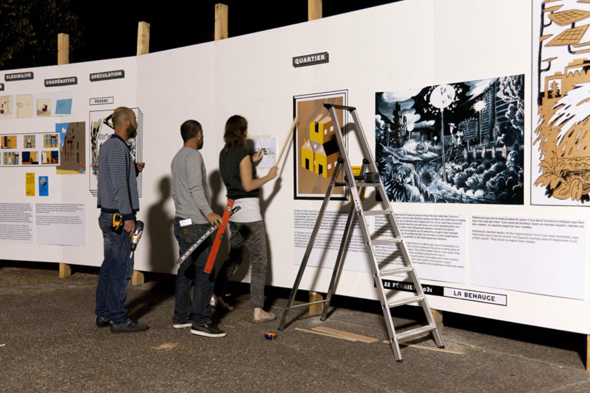 Setting up the outdoors exhibition Once Upon a Future in Bordeaux, made in collaboration with Emil Jurcan and architecture center Arc en rêve (2011) | Photo © STEALTH.unlimited