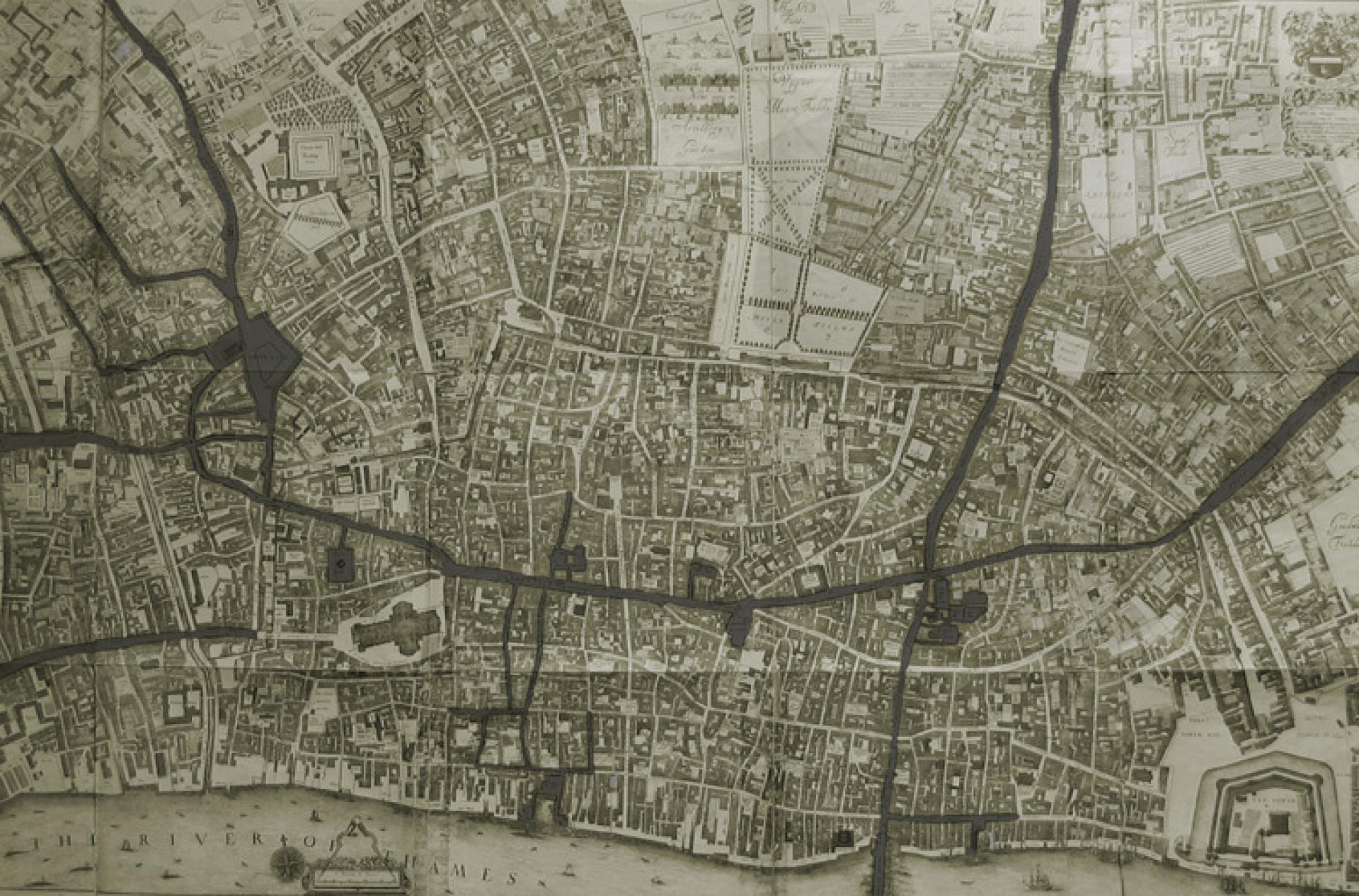 A city shaped by food: seventeenth-century London’s food markets and supply routes. | Photo © John Ogilby: A Large and Accurate Map of the City of London (1676); London and Middlesex Archaeological Society (1894)