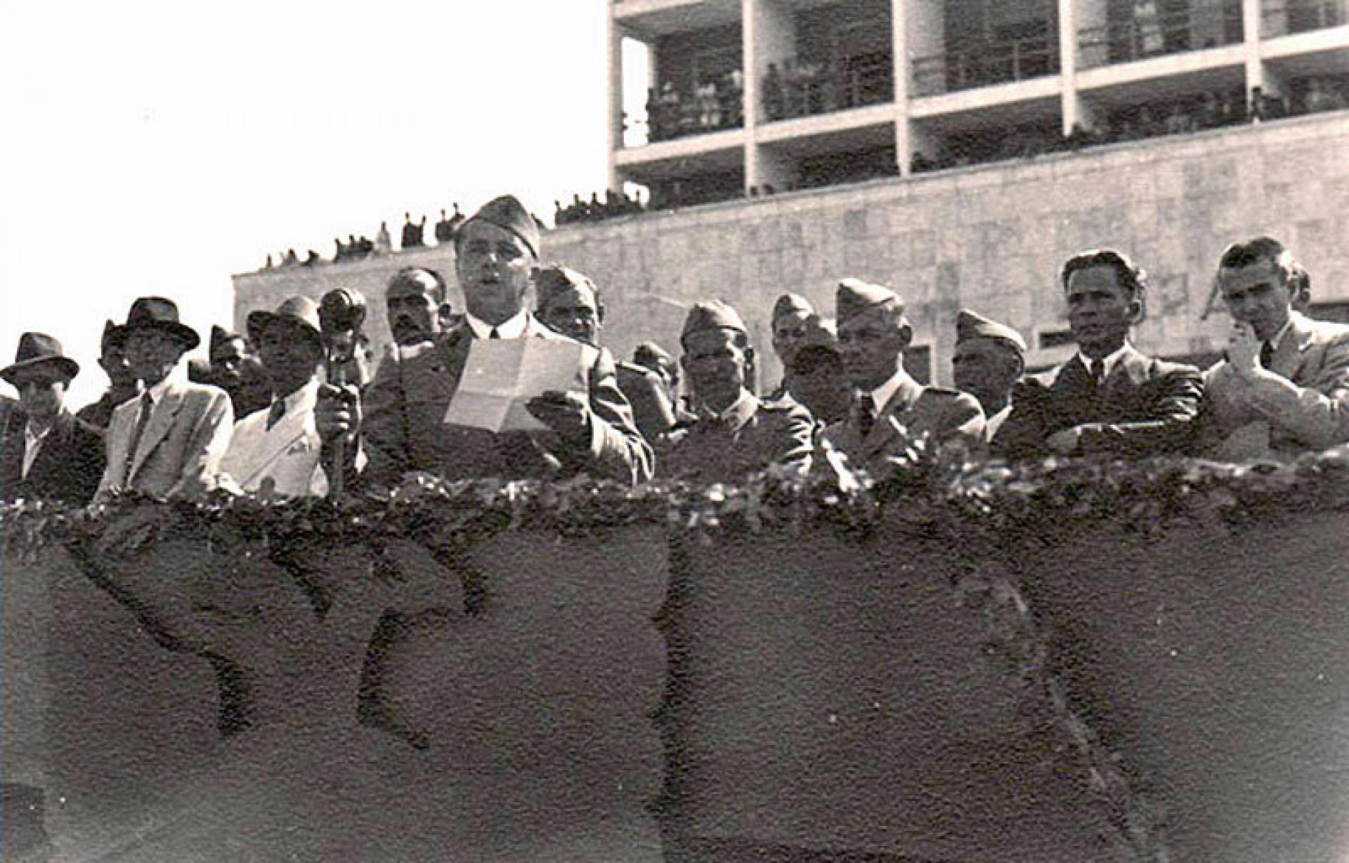 Enver Hoxha in front of Hotel Dajti, Tirana 10.7.1945 | Photo via Albanian History