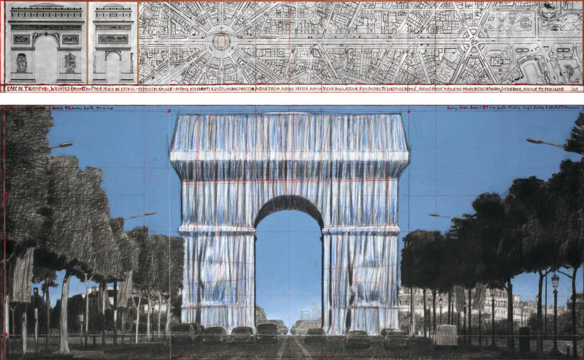 L'Arc de Triomphe, Wrapped (Project for Paris), Drawing 2019 in two parts, Ref. # 9 | Photo André Grossmann © 2019 Christo