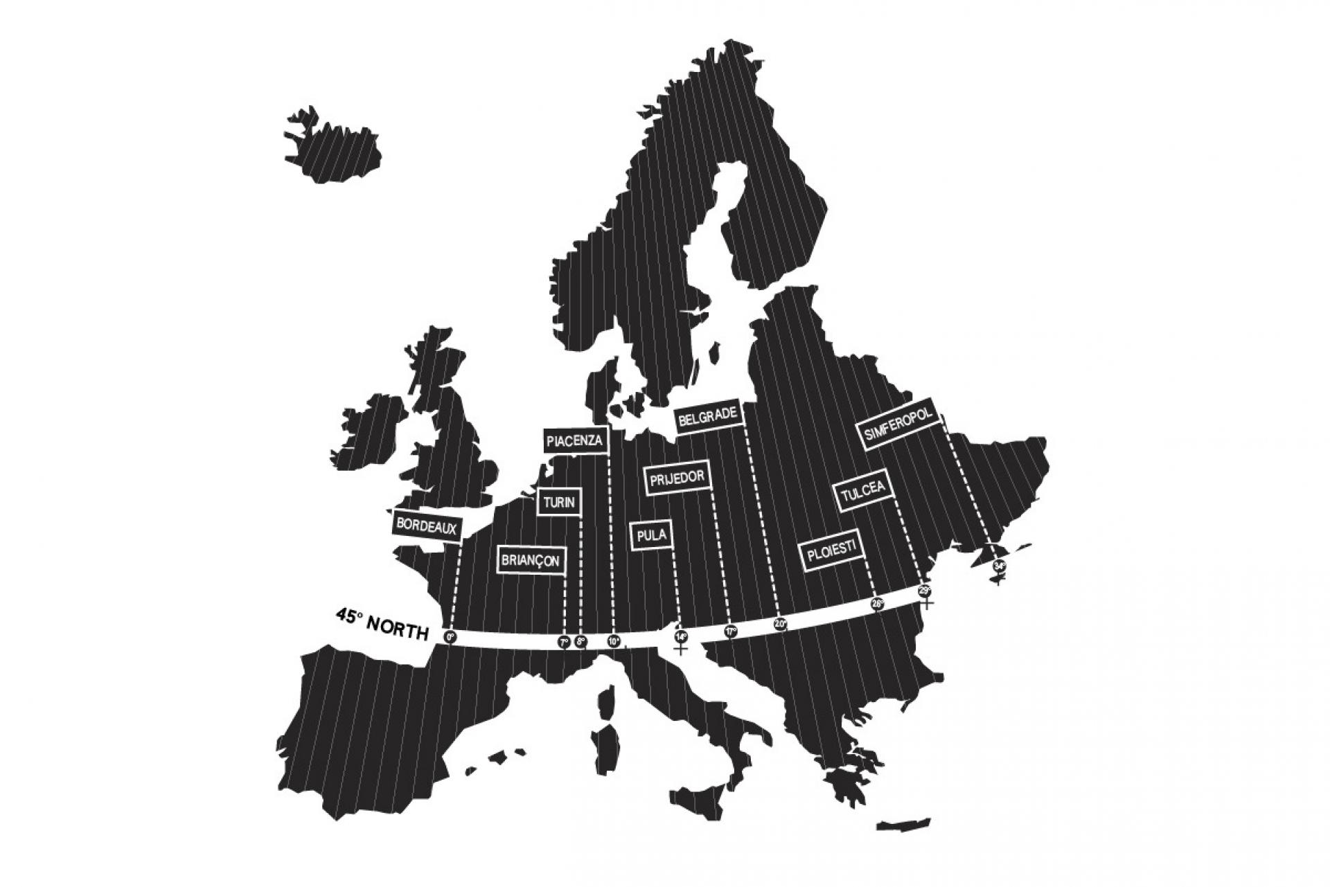 Map of the current research 35 Meridians Of Radical Rituals that looks at Europe as a place of diversity and cultural crossings beyond the usual centres of cultural production. | Photo © Forty-five degrees