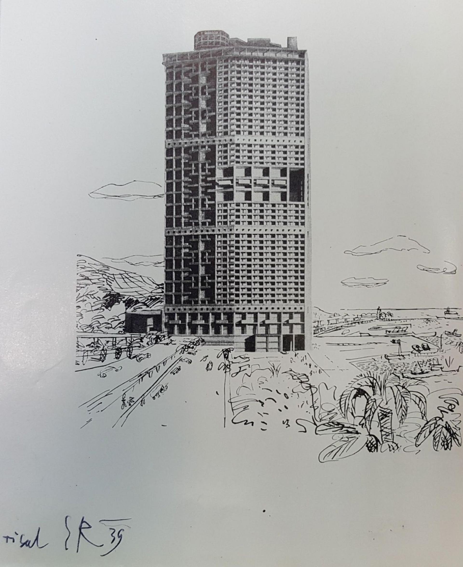 Edvard Ravnikar and Le Corbusier, copy of drawing of Algiers skyscraper with a note: "drawn by ER 39”, from the book Le Corbusier Oeuvre complete 1938-1946. | Source CTK (Central Technical Library), Ljubljana