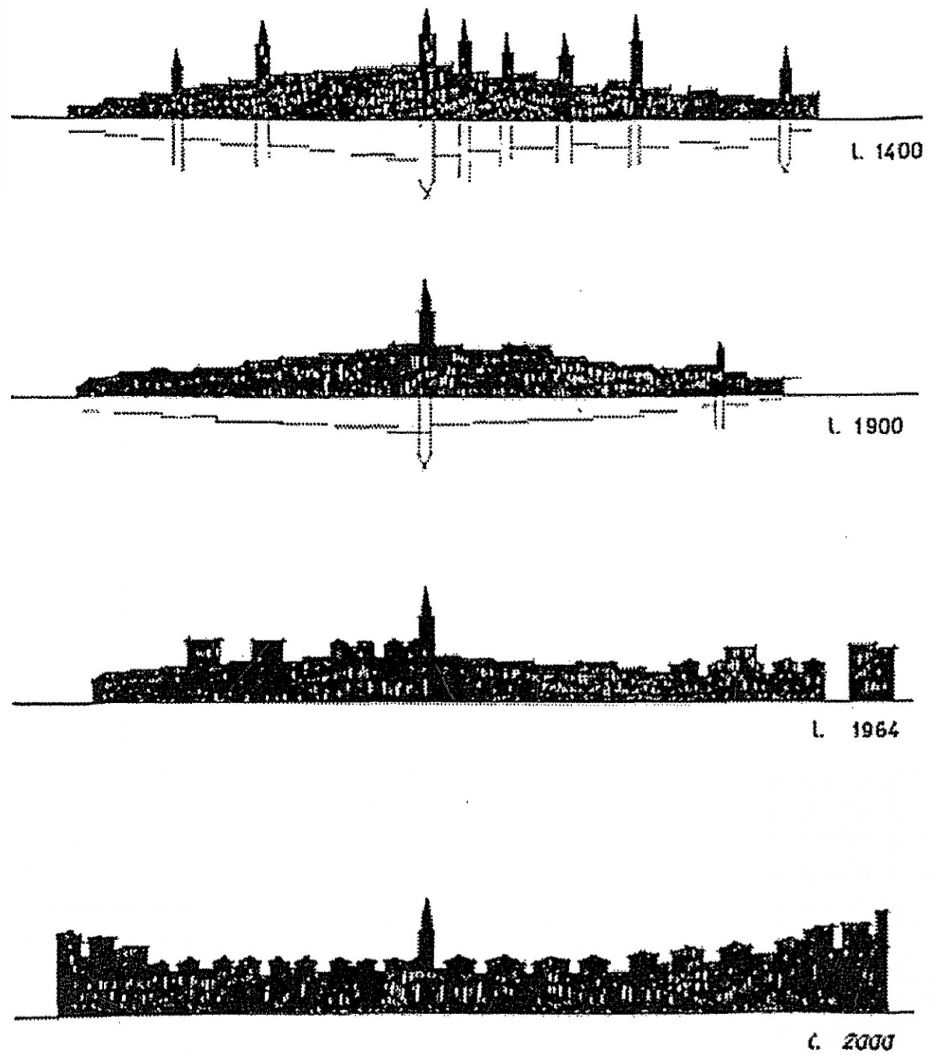 The development of the silhouette of the Koper’s city centre, where the ideologically conditioned plan of building new city walls consisting of skyscrapers, was never fully implemented.
