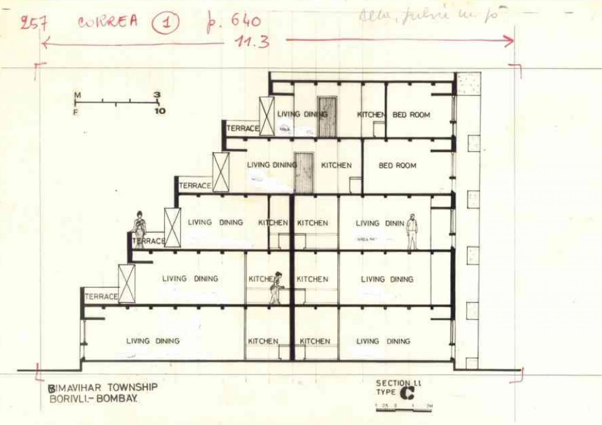 A blueprint of the LIC Housing, Mumbai (1969-1972). | Photo © Charles Correa Foundation