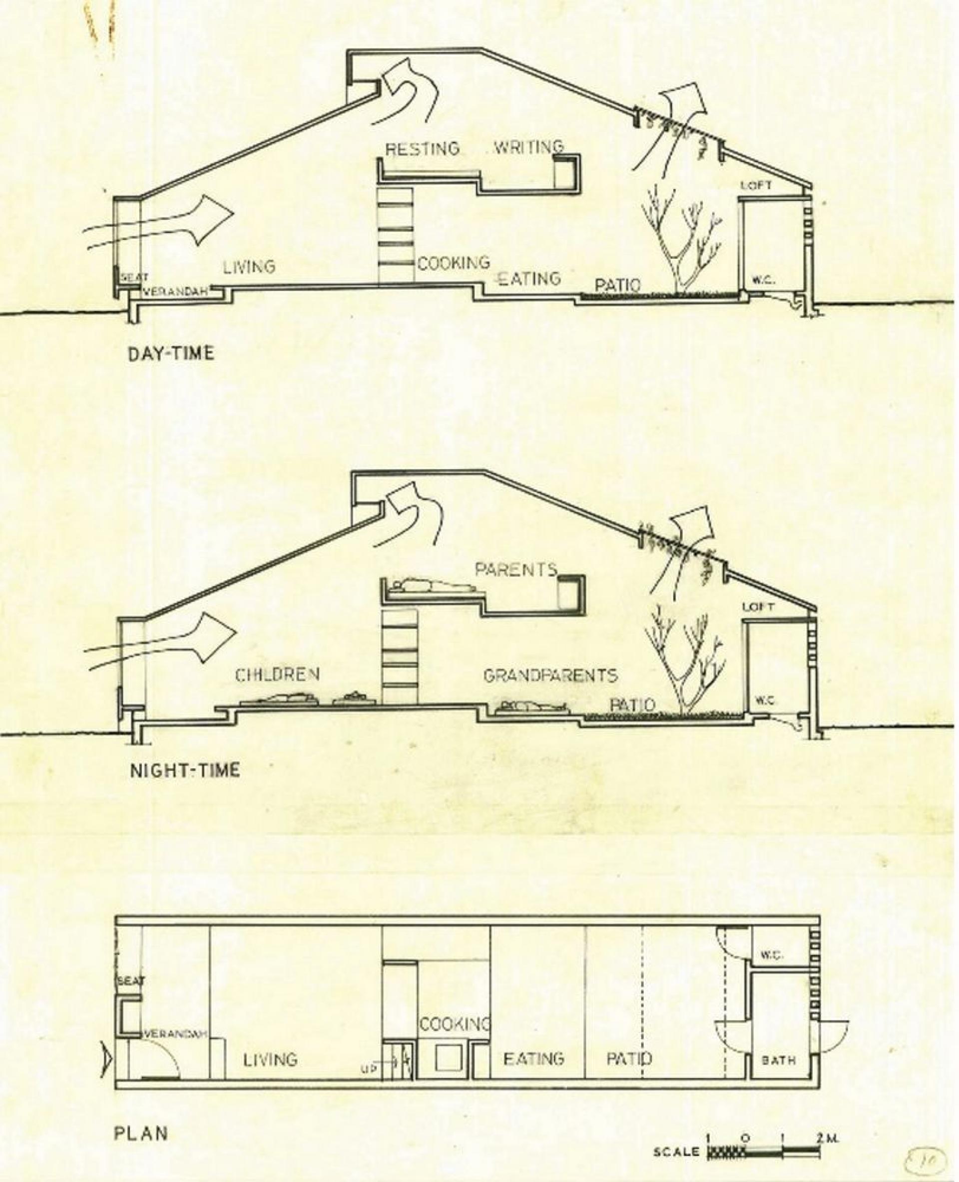 Drawings of the Tube House explaining different space for different activities and users. | Photo via Charles Correa Archive