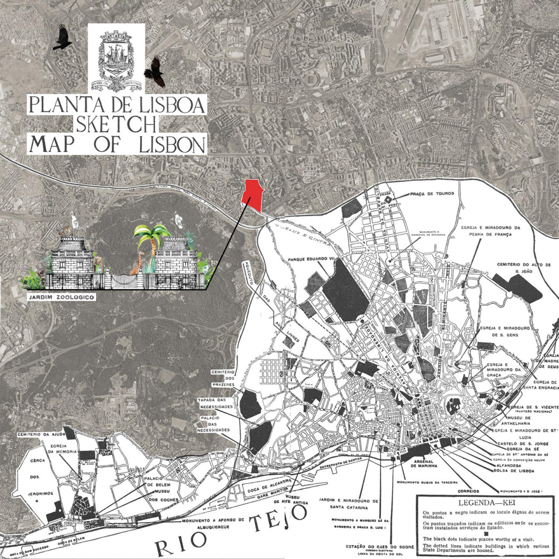 Map of the original edition “Guia do Turista em Lisboa” (1929) [property of Manuel dos Santos and Ascenção Araujo, Lisbon] modified by the curators with the satellite image of Lisbon (2020).
