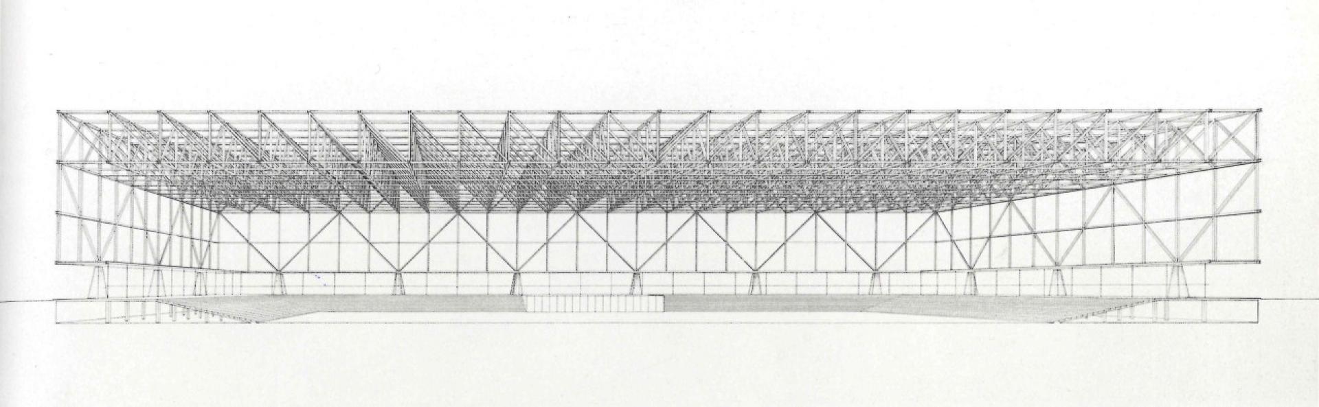 The entire hall of the Chicago Convention Hall Project rests on the peripheral pillars. | Drawing MvdR office, © MoMA, New York, scanned from: Phyllis Lambert, Mies van der Rohe in America, p. 467.