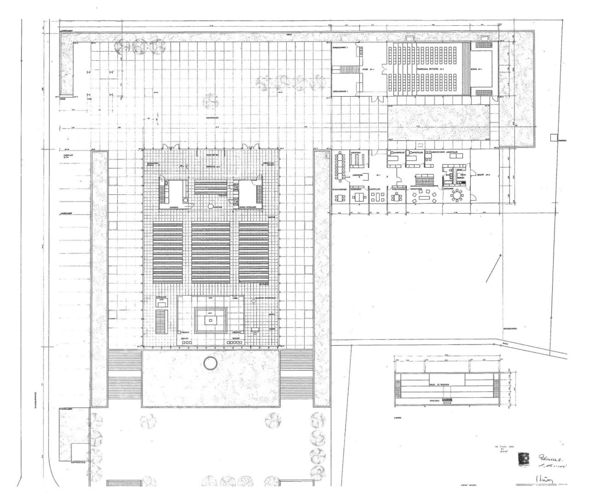 The floor plan of the church and its repetitive grid. | Scanned from: Jürg Graser, Gefüllte Leere, Zürich 2014, p. 217.