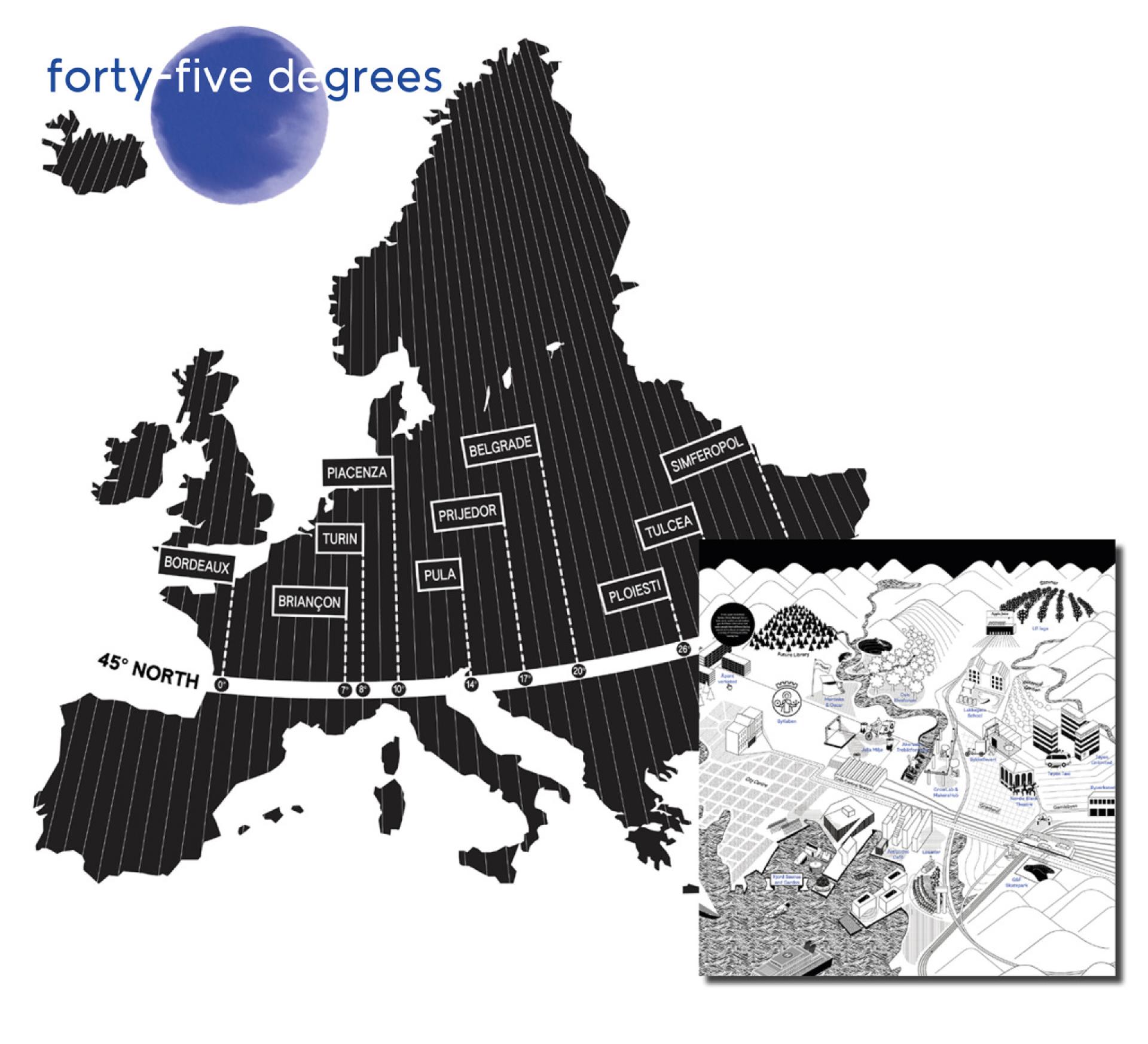 The map with places that 45ºN is crossing. | Photo via forty-five-degrees