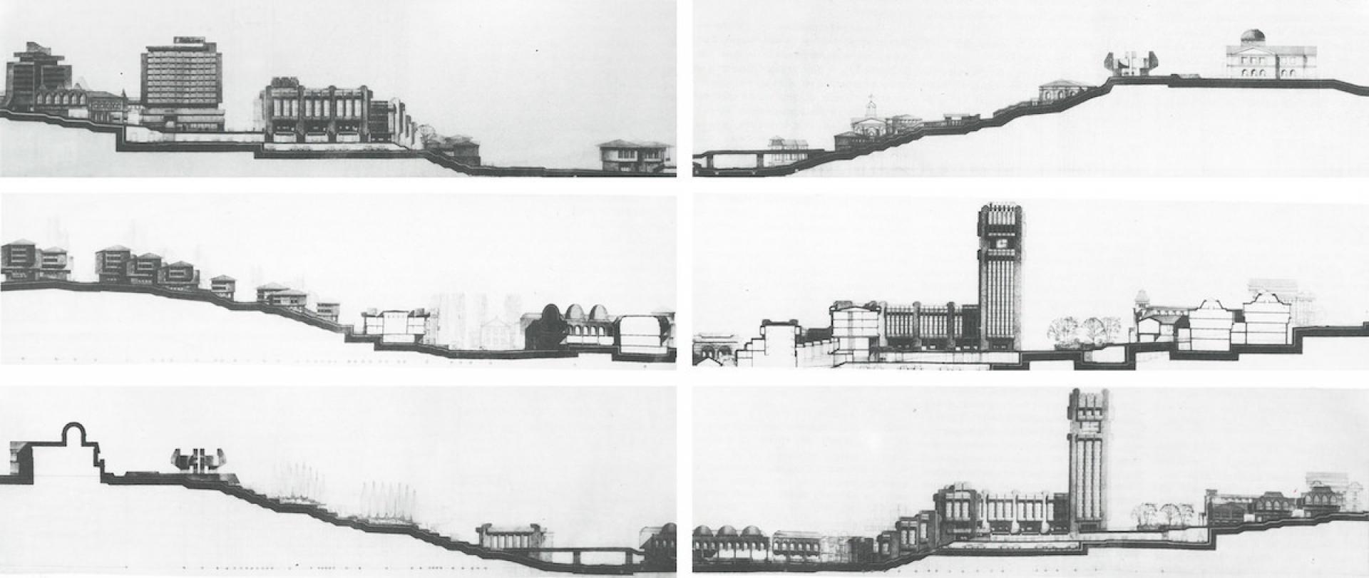 Silhouettes and cross sections along the main core axes of the central structure. | Drawing via Promisljena estetika (1988) Vol. 1