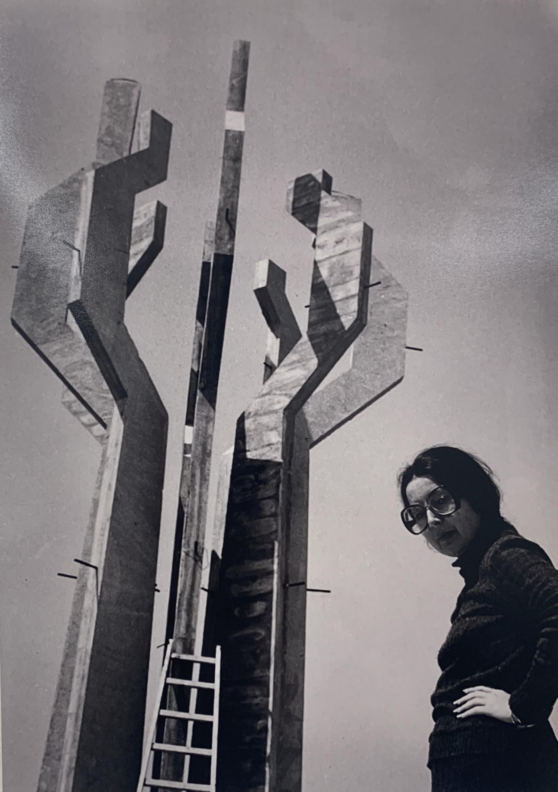 Kana in front of her monument in Barutana. | Portrait prints from Radević’s photo archive - shown in the exhibition “Skirting the Center Svetlana Kana Radević, on the Periphery of Postwar Architecture”