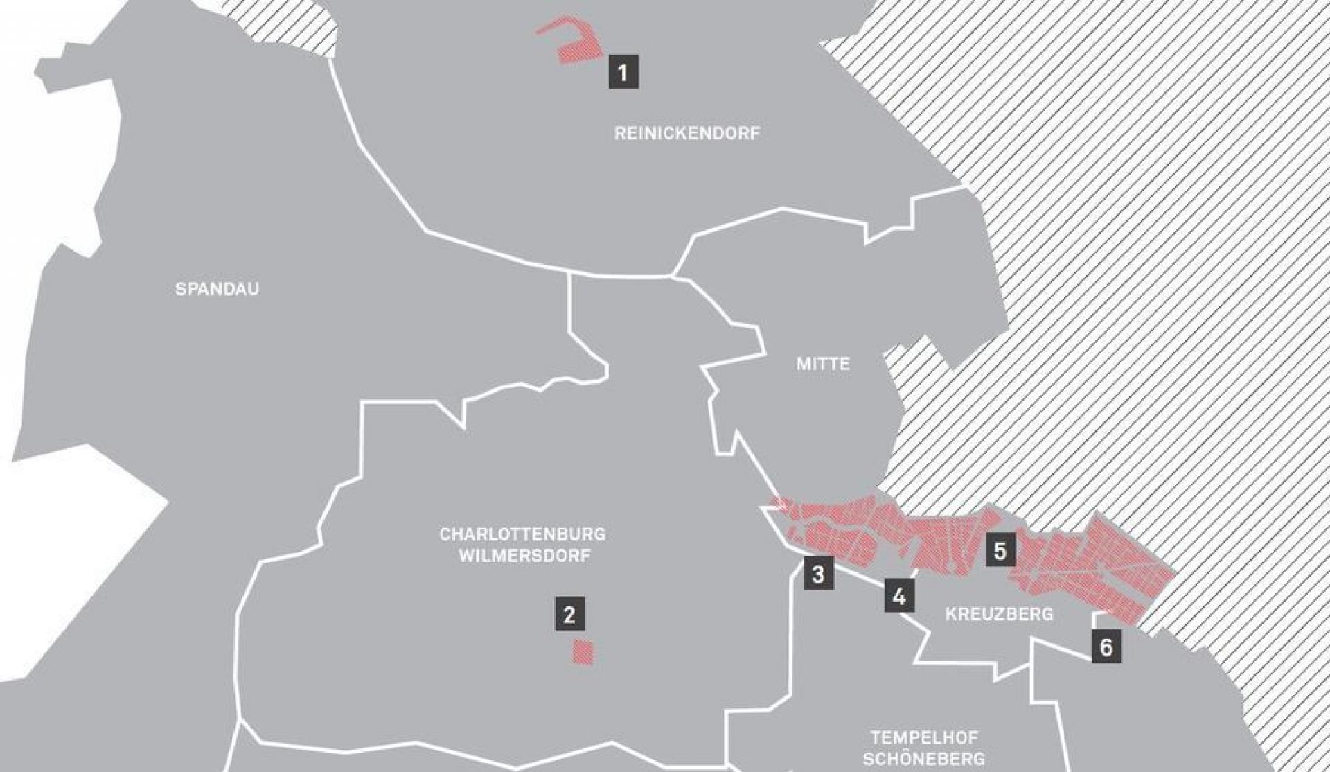 IBA 1987 development areas: 1 Tegel, 2 Prager Platz, 3 Südliches Tiergartenviertel, 4 Südliche Friedrichstadt, 5 Luisenstadt, 6 Kreuzberg SO36