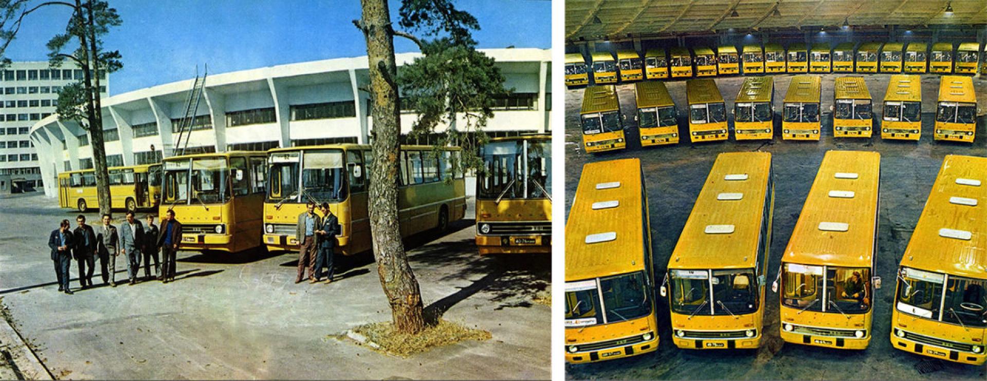 Left: Workers outside Kyiv Autobus Park №7 in 1977; right: A new fleet of buses ready for service, 1975. | Photo via Exutopia