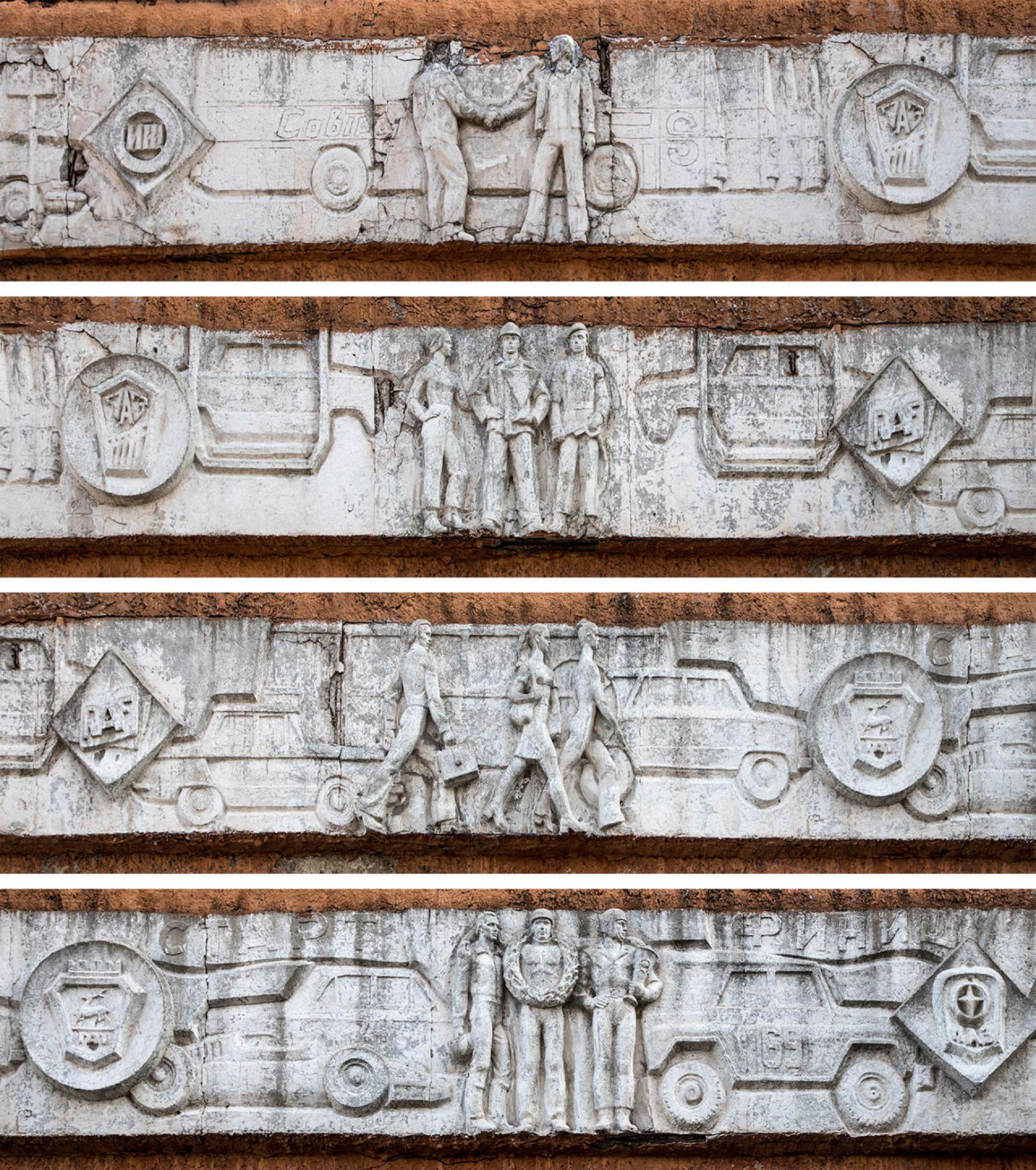 Details of the relief on the front of building showing staff, passengers, vehicles, and the logos of various automotive brands. | Photo © Darmon Richter