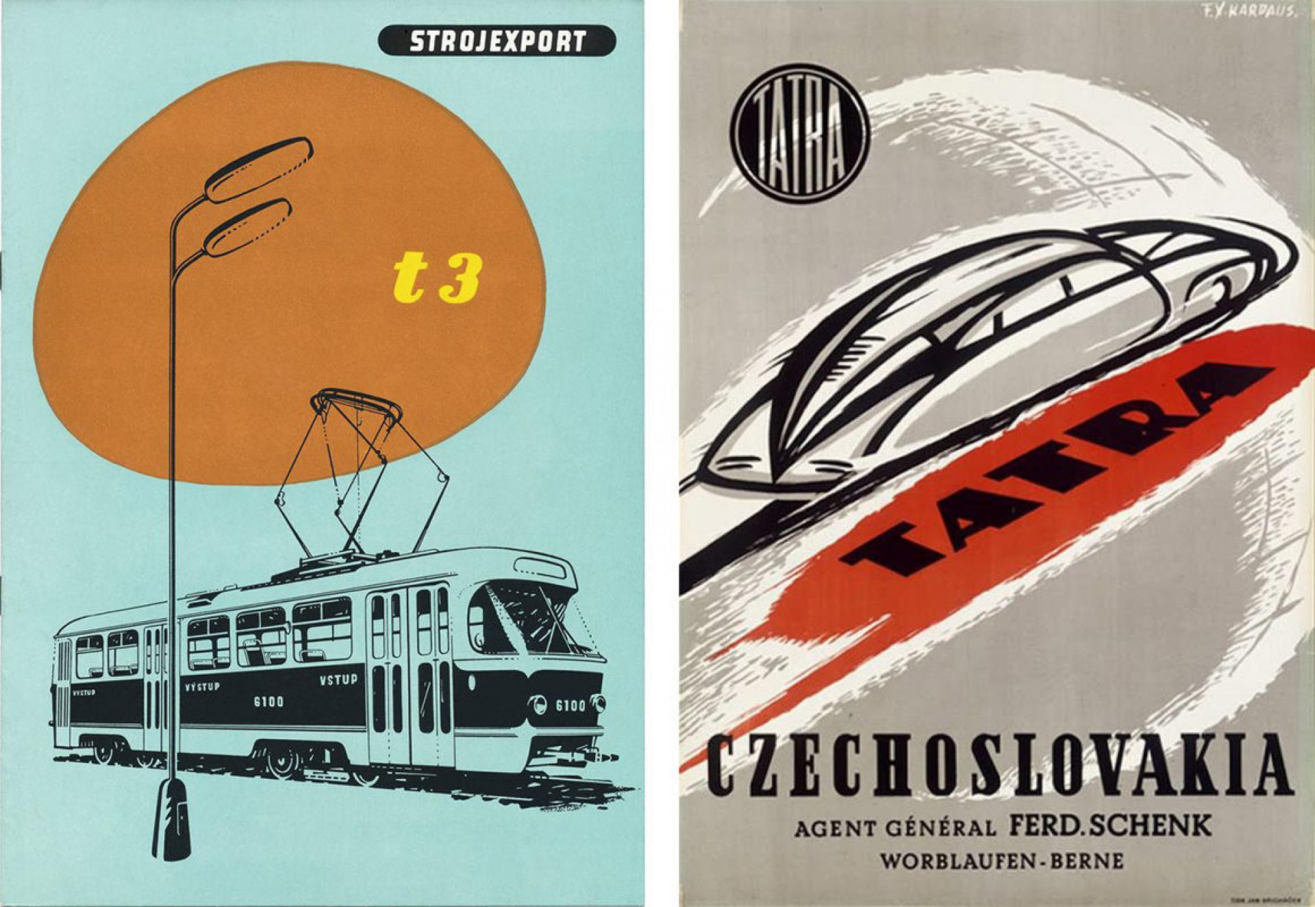 Left: Cover of a 1962 sales brochure from Strojexport, featuring the Tatra T3 tramcar. Right: Vintage poster featuring the Tatra T77.