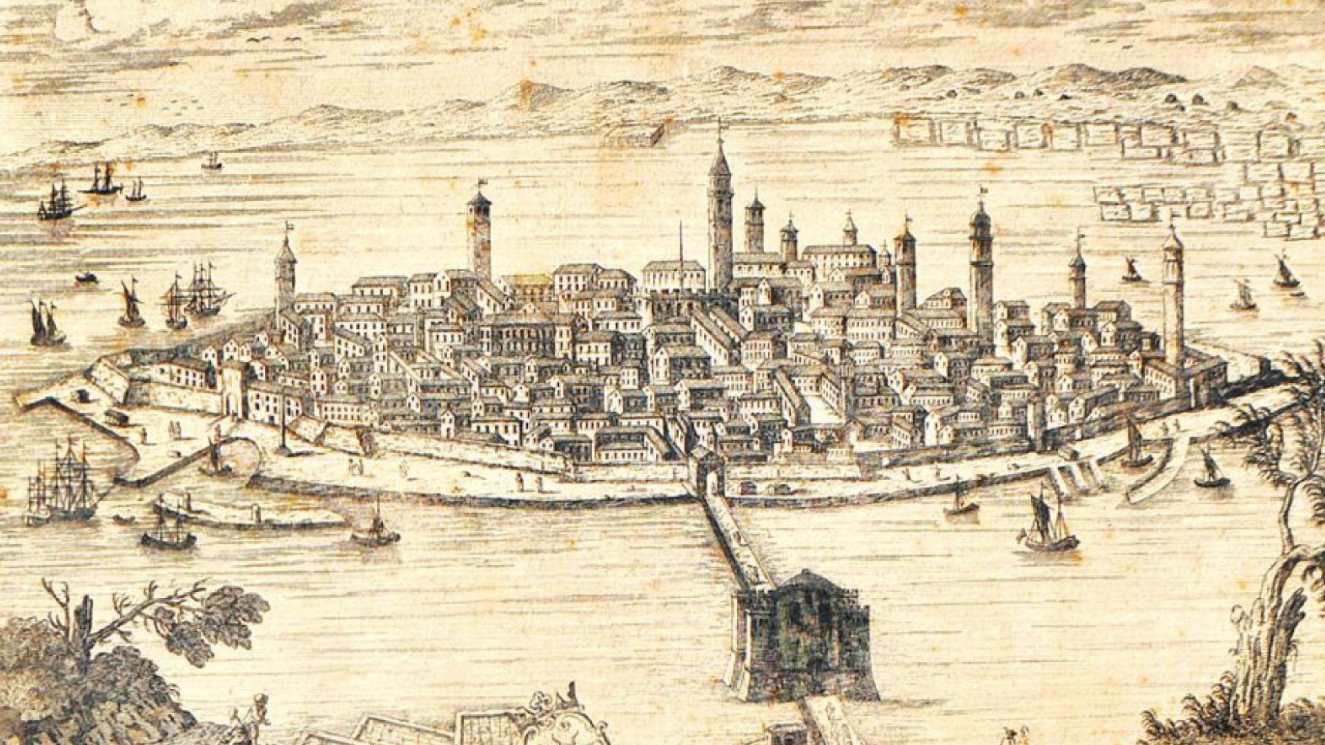 The island of Koper from 1781 drawing’ by Francesco del Pedro and Marco Sebastiano Giampiccoli, where are evident 52 churches, also described by Bernik (1968, 199). | Source Pokrajinski arhiv Koper, SI PAK KP 344, t. e. 1.