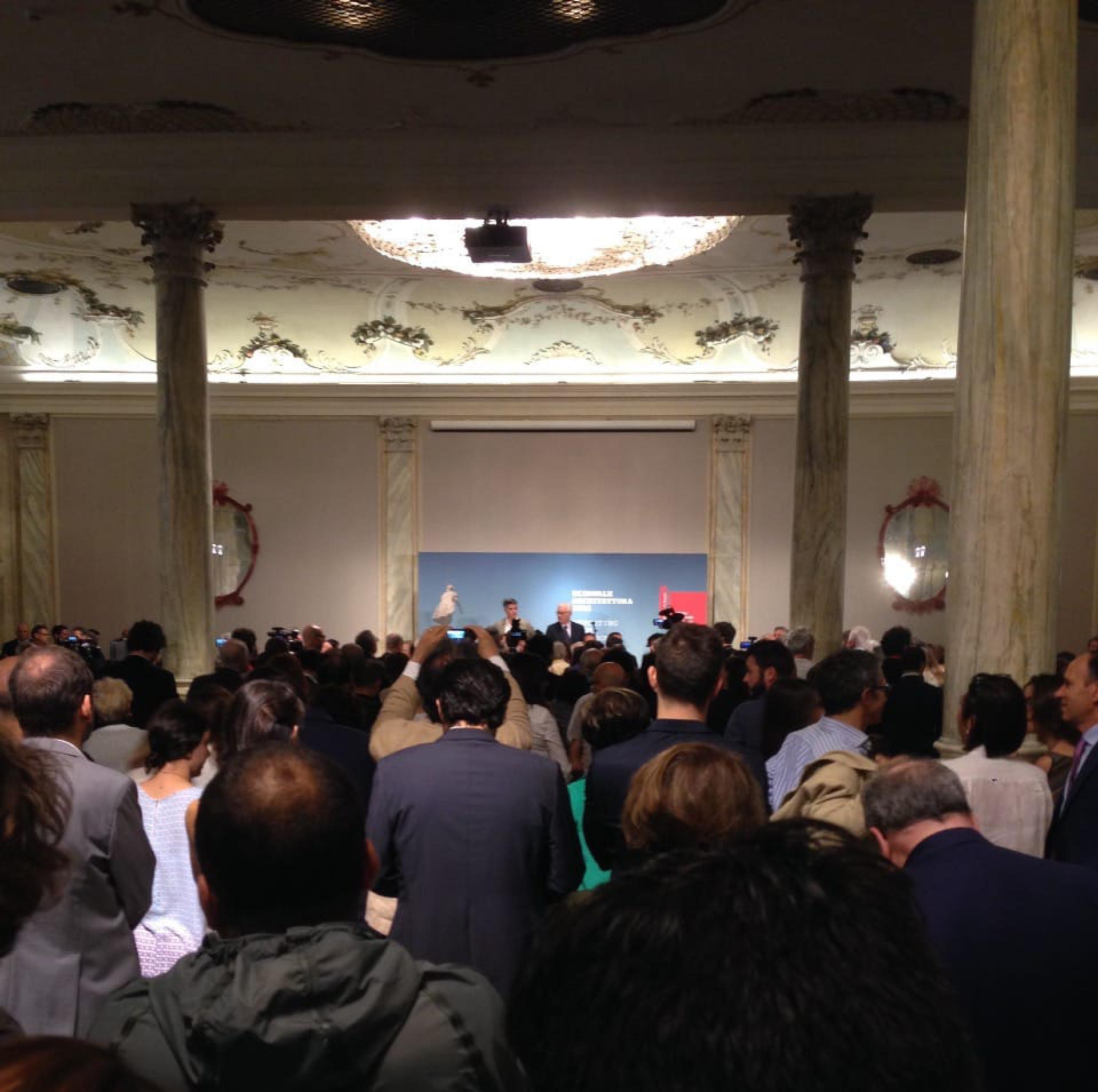 People gathering at a ceremony event during the 15th Venice Architecture Biennale in 2016, curated by Alejandro Aravena under the theme Reporting from the Front. | Photo © Lavinia Scaletti