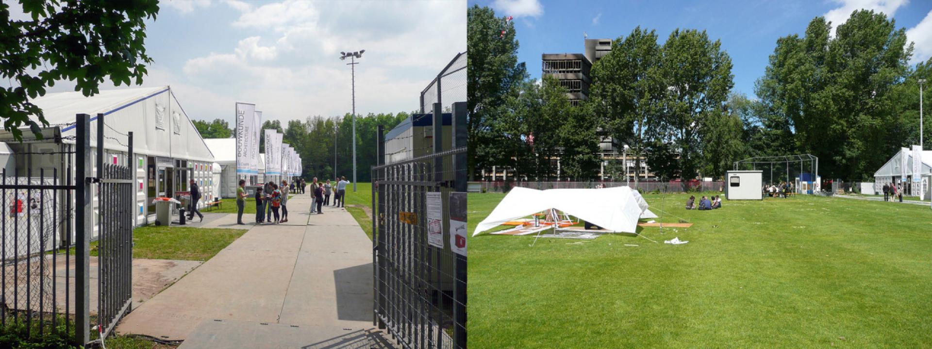 Tent Camp Faculty, May 2008. In the background behind the trees remains of the burnt down faculty building. | Photo © STEALTH.unlimited