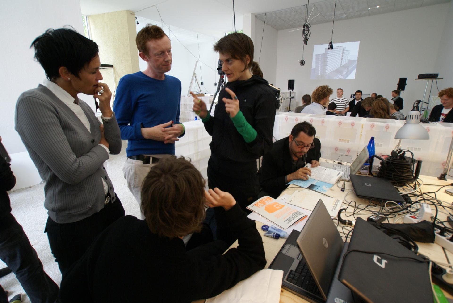 Curatorial team at work: Left to right; Saskia van Steijn, Billy Nolan, Ana Džokić, Miguel Roblez-Duran | Photo © STEALTH.unlimited