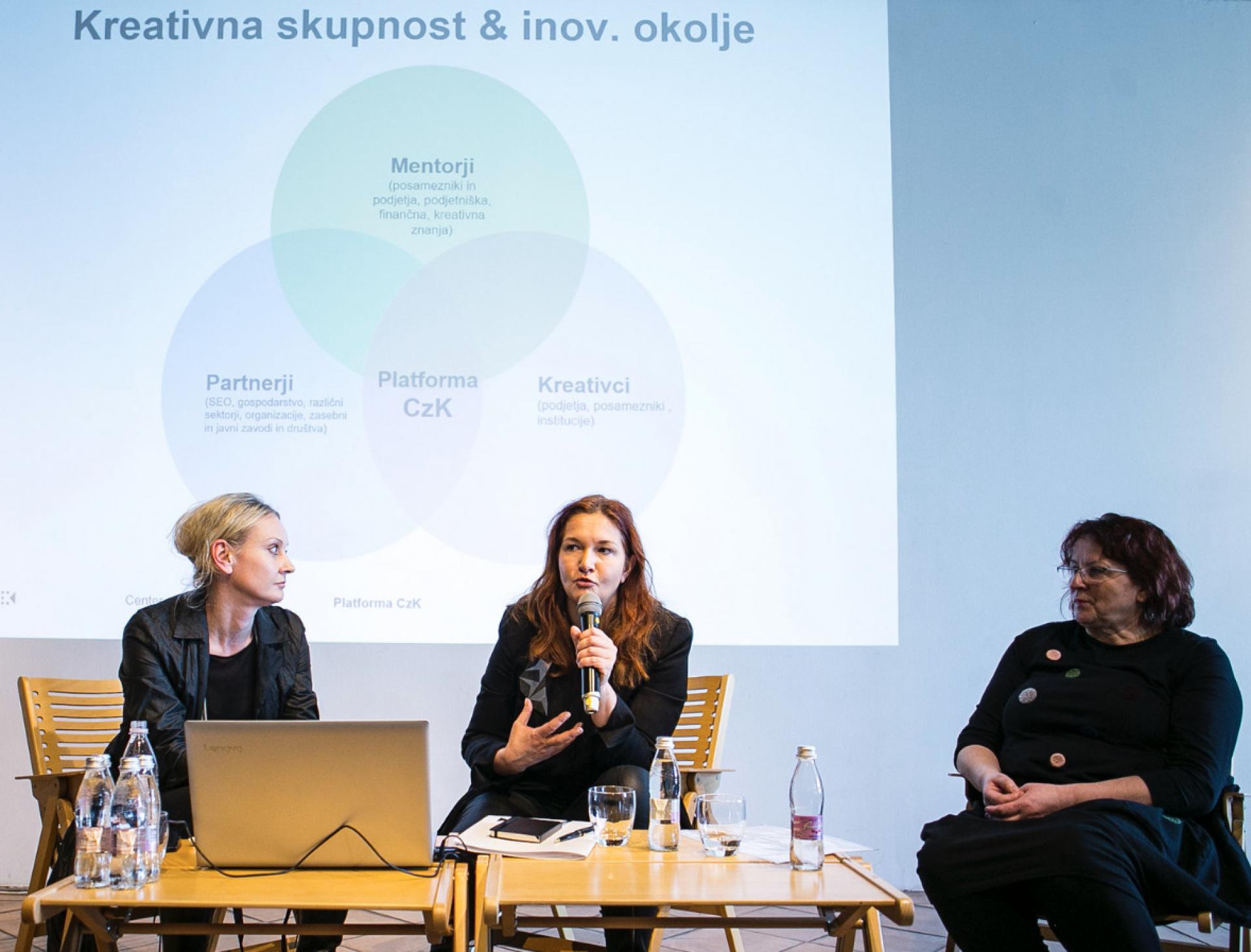 Presentation of the Ministry of Culture's public call for "Encouragement of creative cultural industries - Center for Creativity 2019" with Anja Zorko, Mika Cimolini and Biserka Močnik.