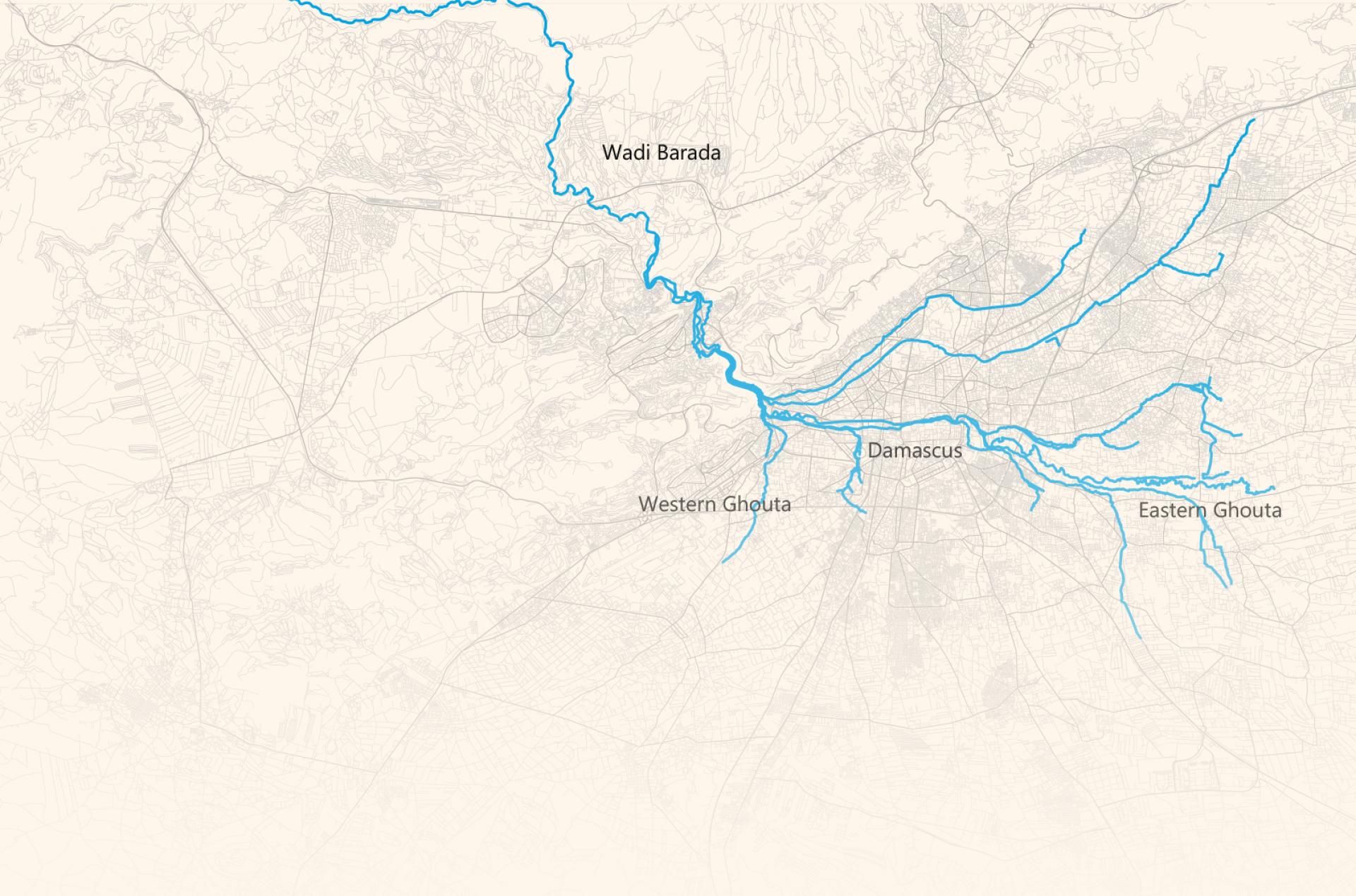 Barada as a continuous spatial element: On official maps of Damascus, the river illustrates continuity across the Barada valley (Wadi Barada), the city itself, and its sourrounding hinterland (Al-Ghouta).