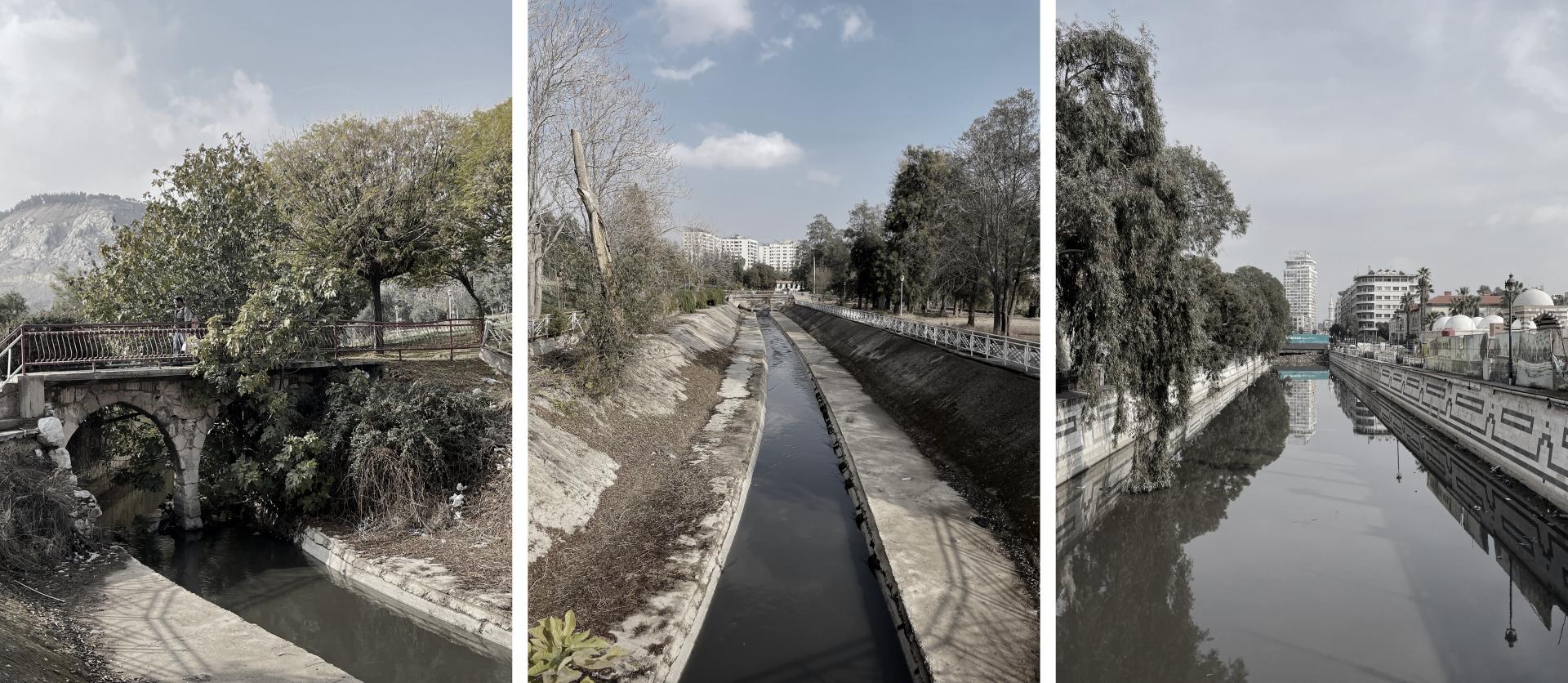 Barada as a controlled corridor: in the urban core of Damascus, Barada is progressively optimized for control rather than resilience. It remains within concrete boundaries, and eventually disappears into pipes as an act of hygienic control that records ecological variability as a threat to be managed. Photos by the author (December 2025)