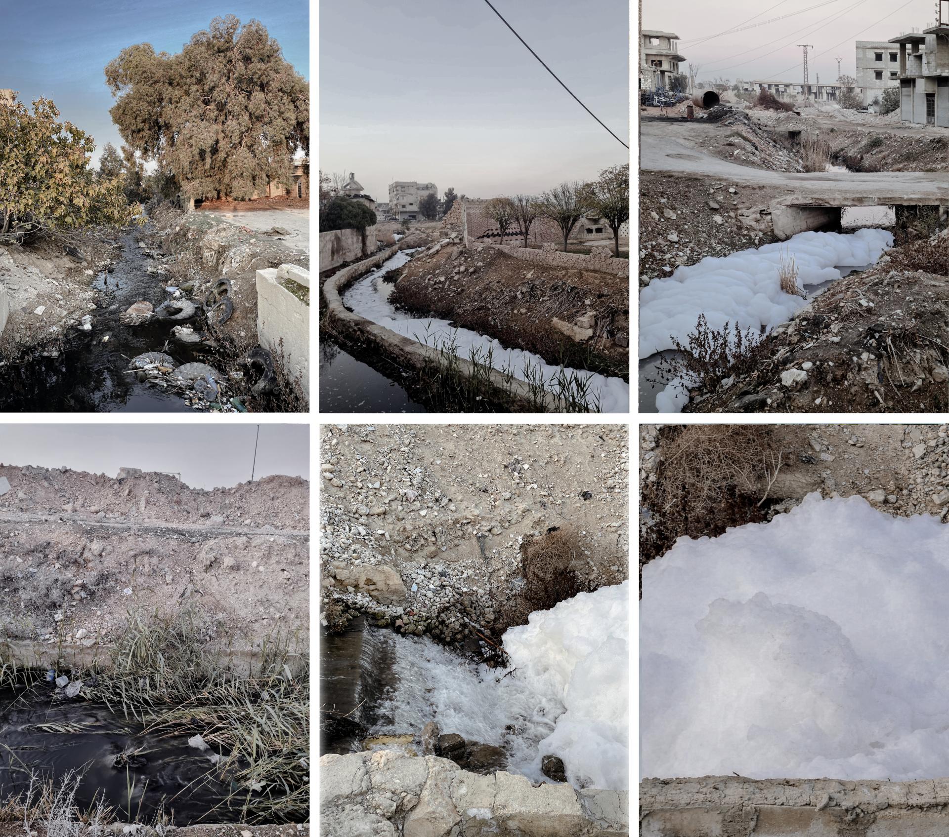 Barada as a site of neglect condition: Where the density of city’s everyday life emerges with sewage pathways and contamination merge with the contaminated riverbed. Photos by the author (December 2025)
