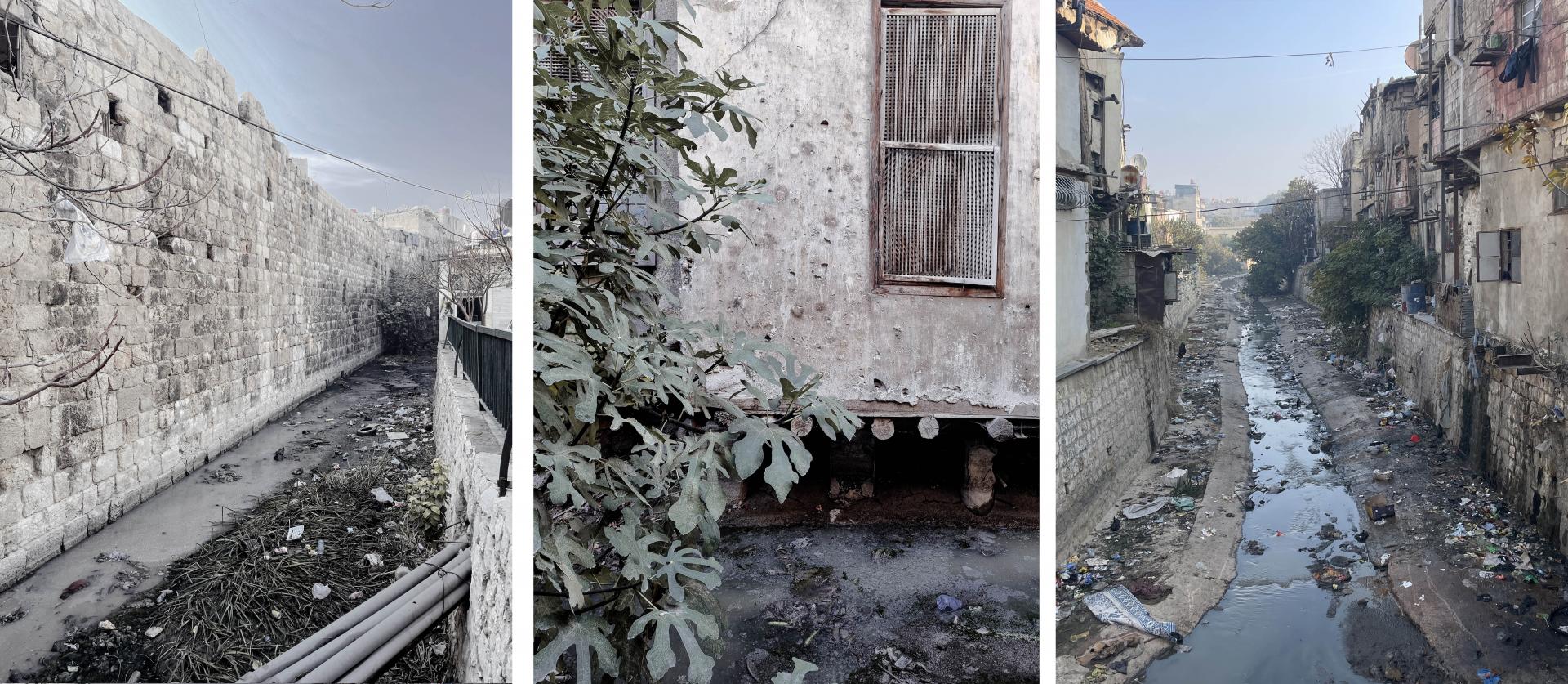 Barada as a controlled corridor: in the urban core of Damascus, Barada is progressively optimized for control rather than resilience. It remains within concrete boundaries, and eventually disappears into pipes as an act of hygienic control that records ecological variability as a threat to be managed. Photos by the author (December 2025)