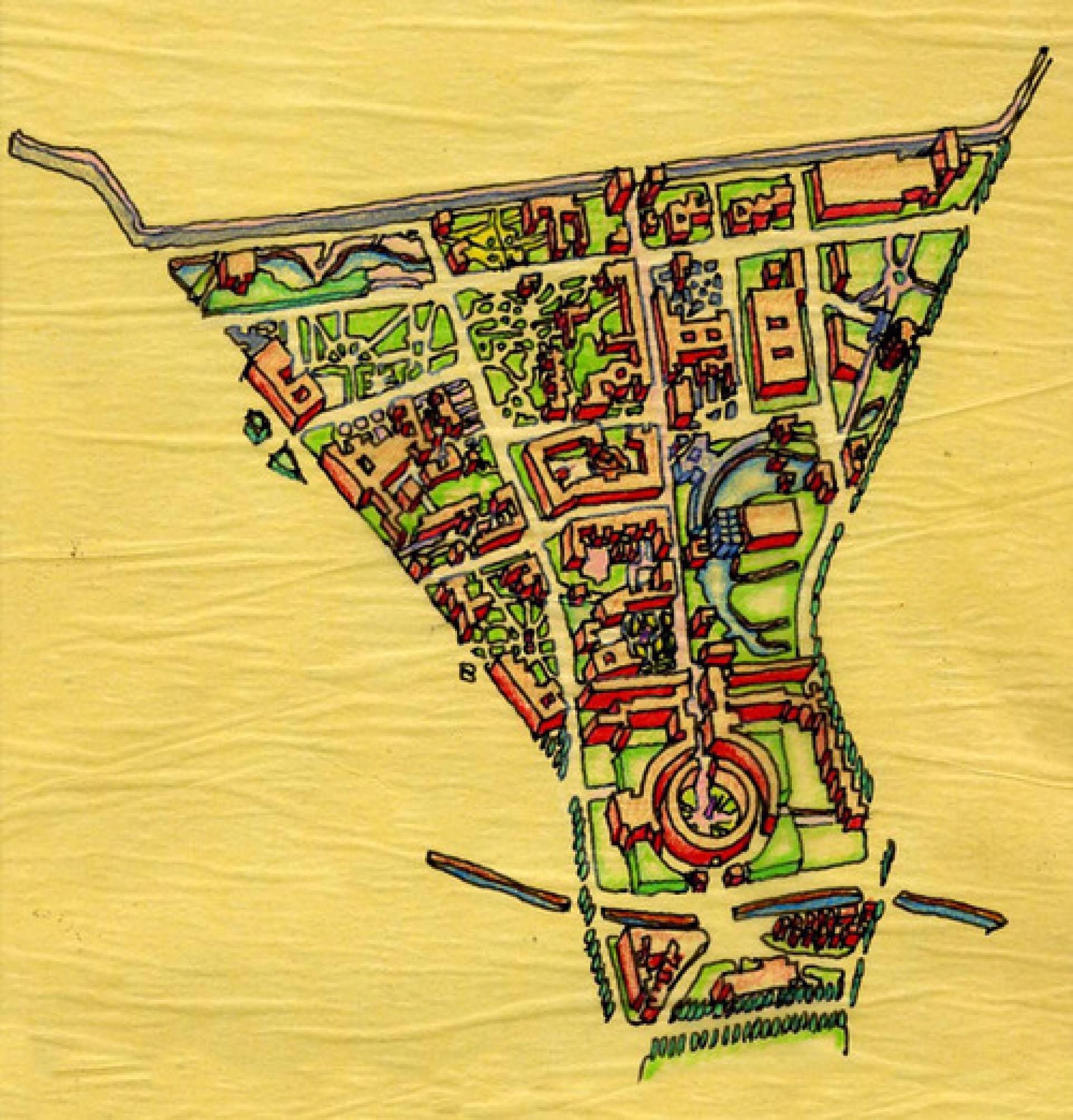 A city island (Südliche Friedrichstadt). Below a comparison between Berlin Kreuzberg and Manhattan.